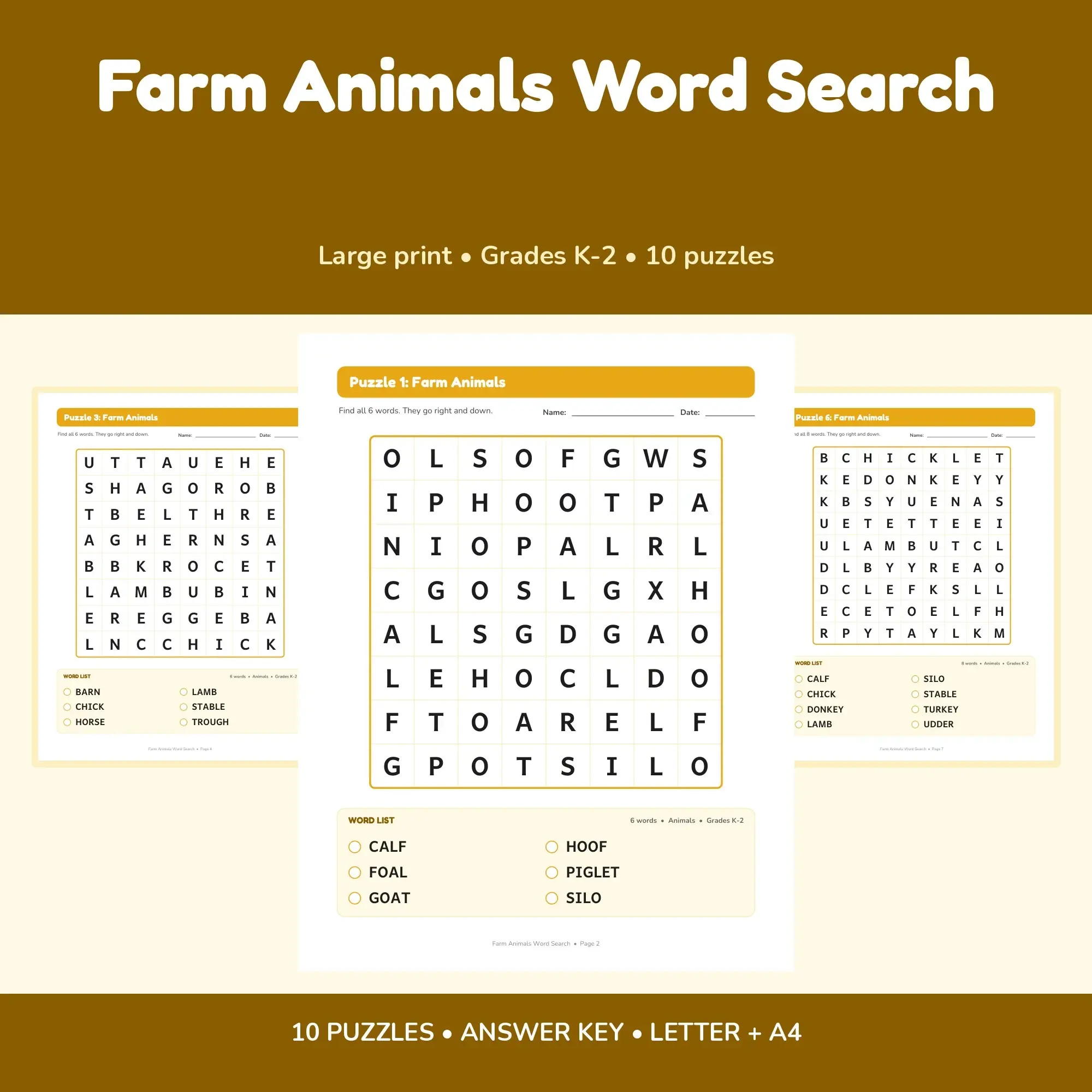 10 Large Print Farm Animals Word Search Puzzles for Early Readers, K-2 + Answer Key preview