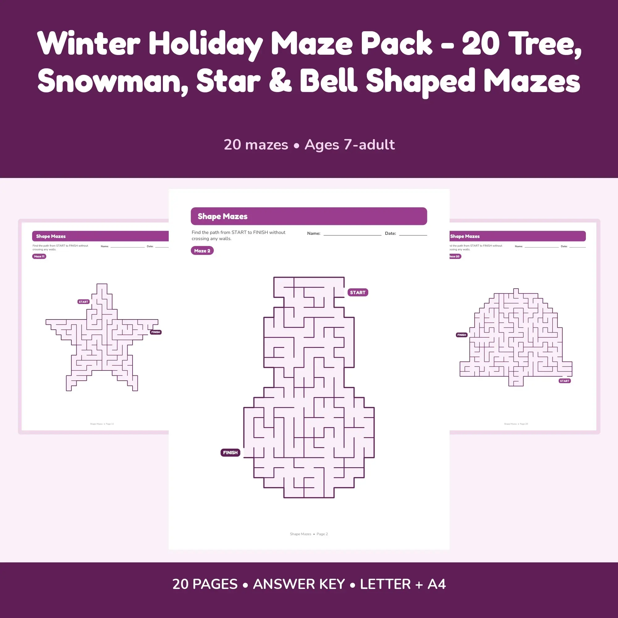 Winter Holiday Maze Pack - 20 Tree, Snowman, Star & Bell Shaped Mazes preview