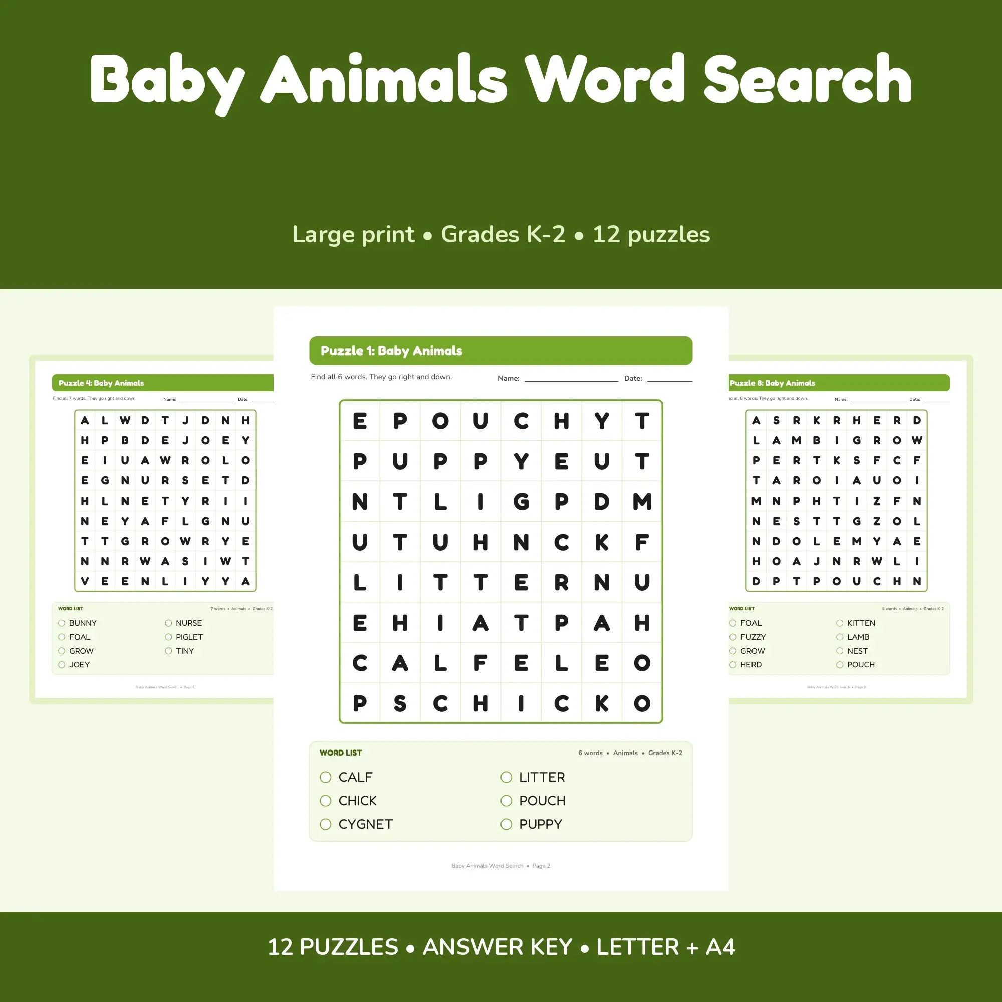Large Print Baby Animals Word Search for Grades K-2 - 12 Easy Puzzles + Key preview