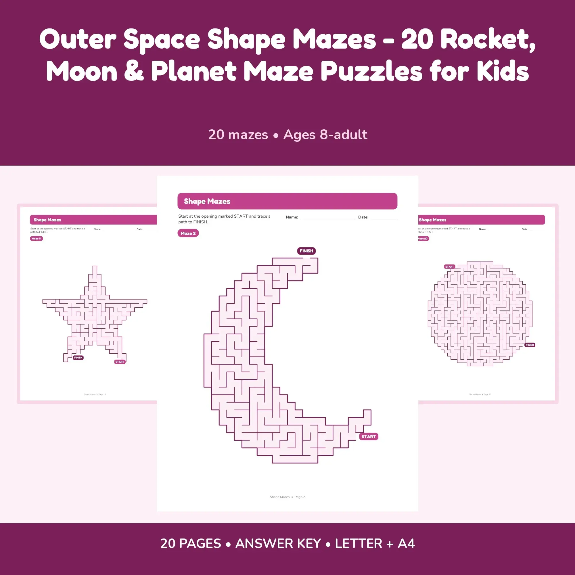 Outer Space Shape Mazes - 20 Rocket, Moon & Planet Maze Puzzles for Kids, preview 1 of 2