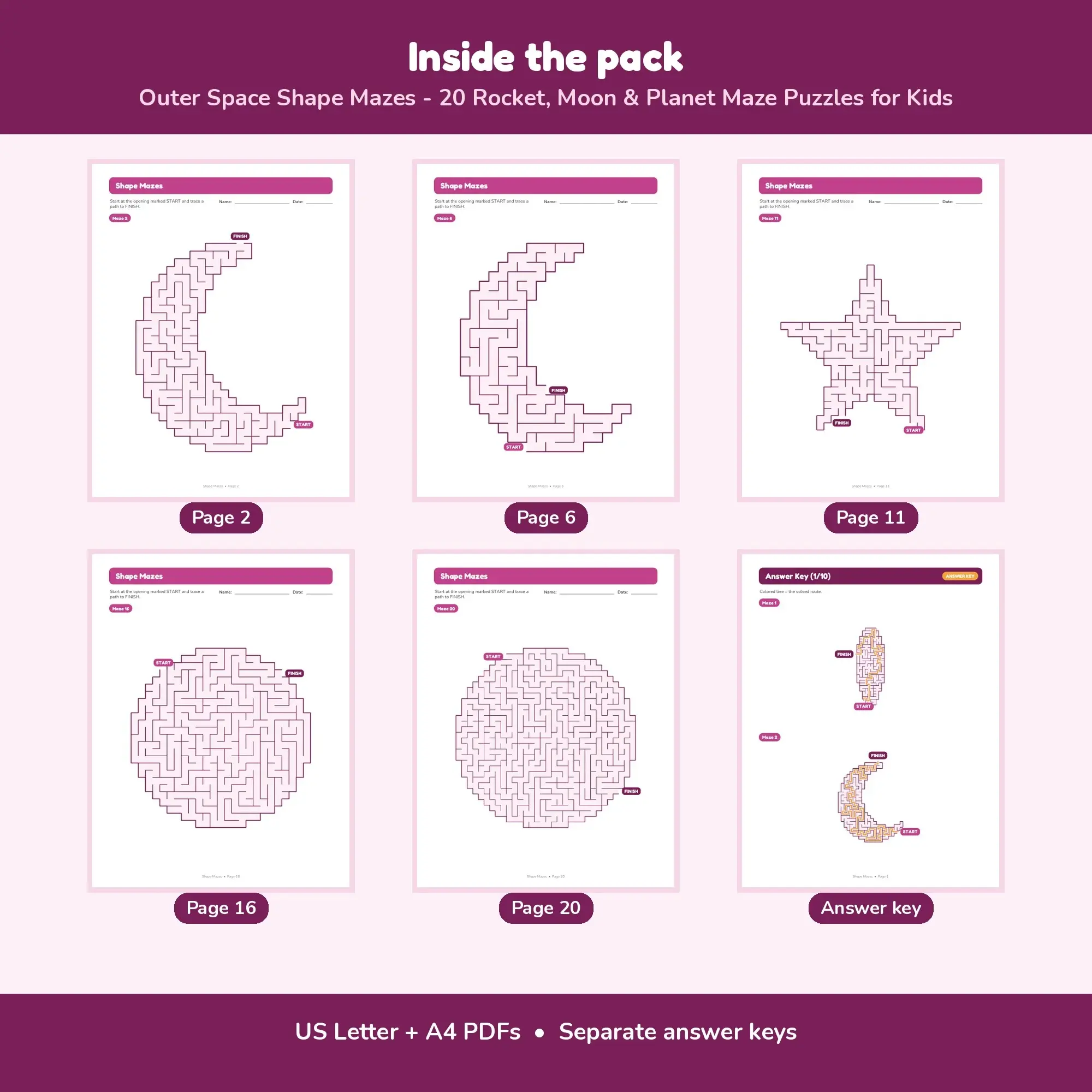 Outer Space Shape Mazes - 20 Rocket, Moon & Planet Maze Puzzles for Kids, preview 2 of 2