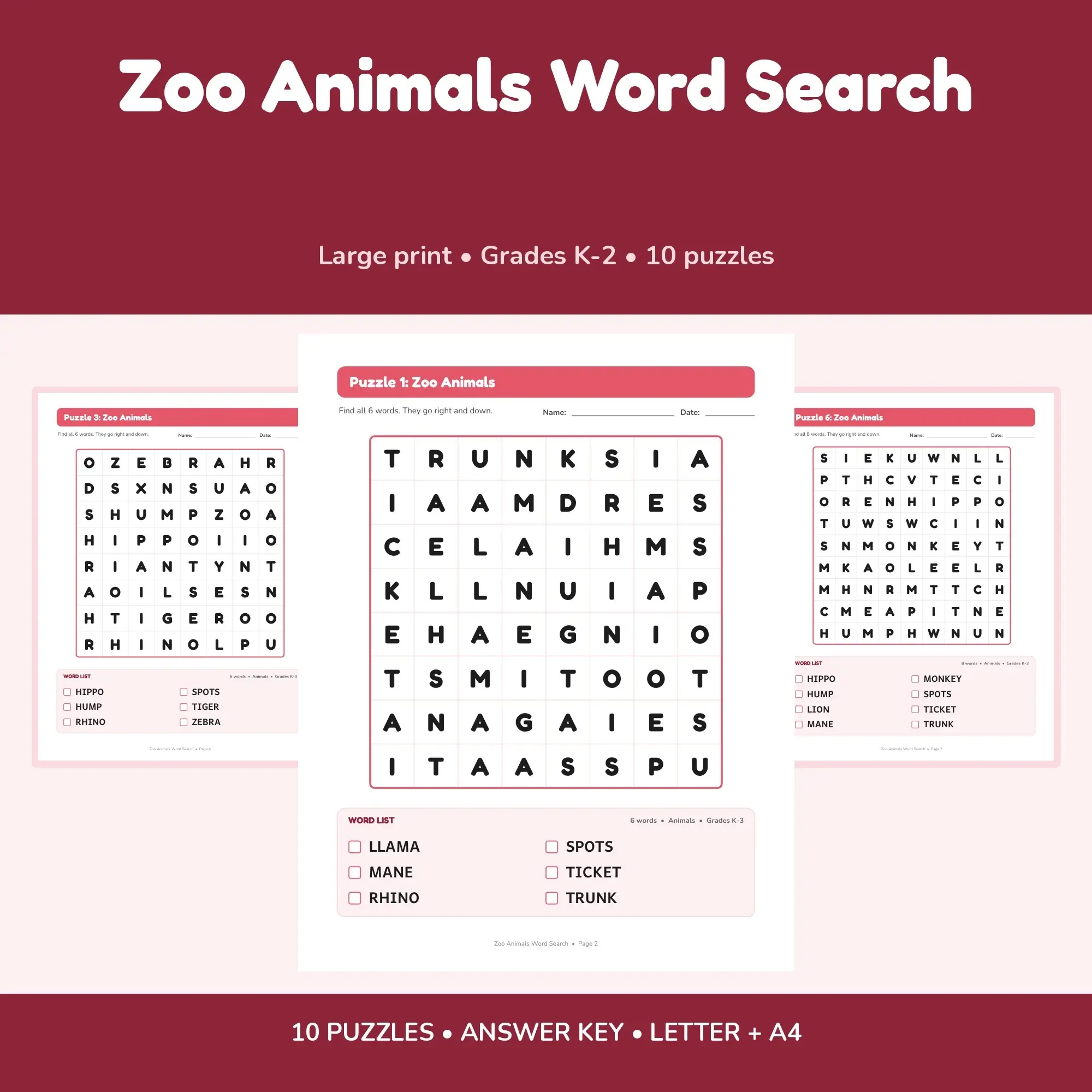 Large Print Zoo Animals Word Search for Grades K-2 - 10 Easy Puzzles + Key preview