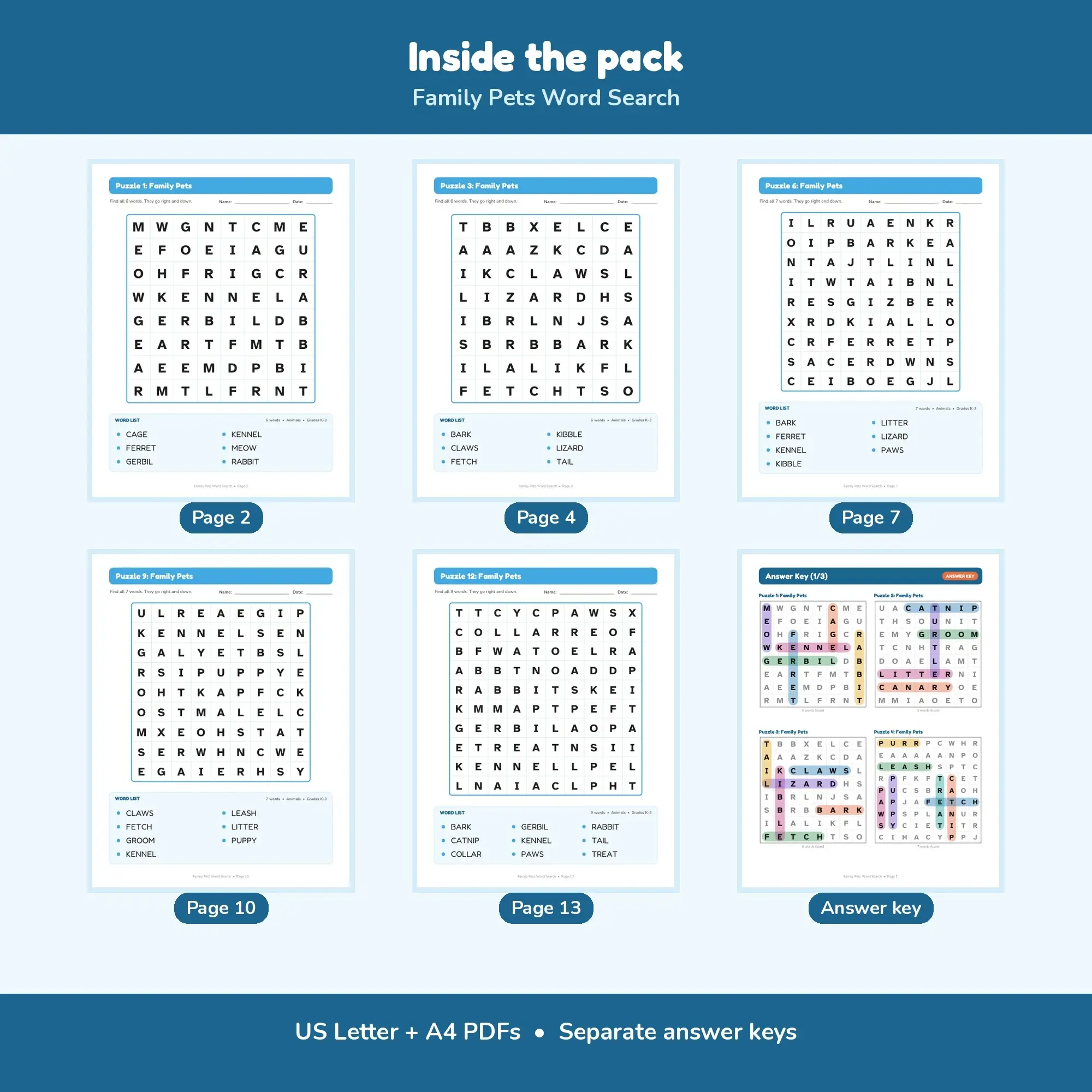 12 Large Print Family Pets Word Search Puzzles for Early Readers, K-2 + Answer Key, preview 2 of 2