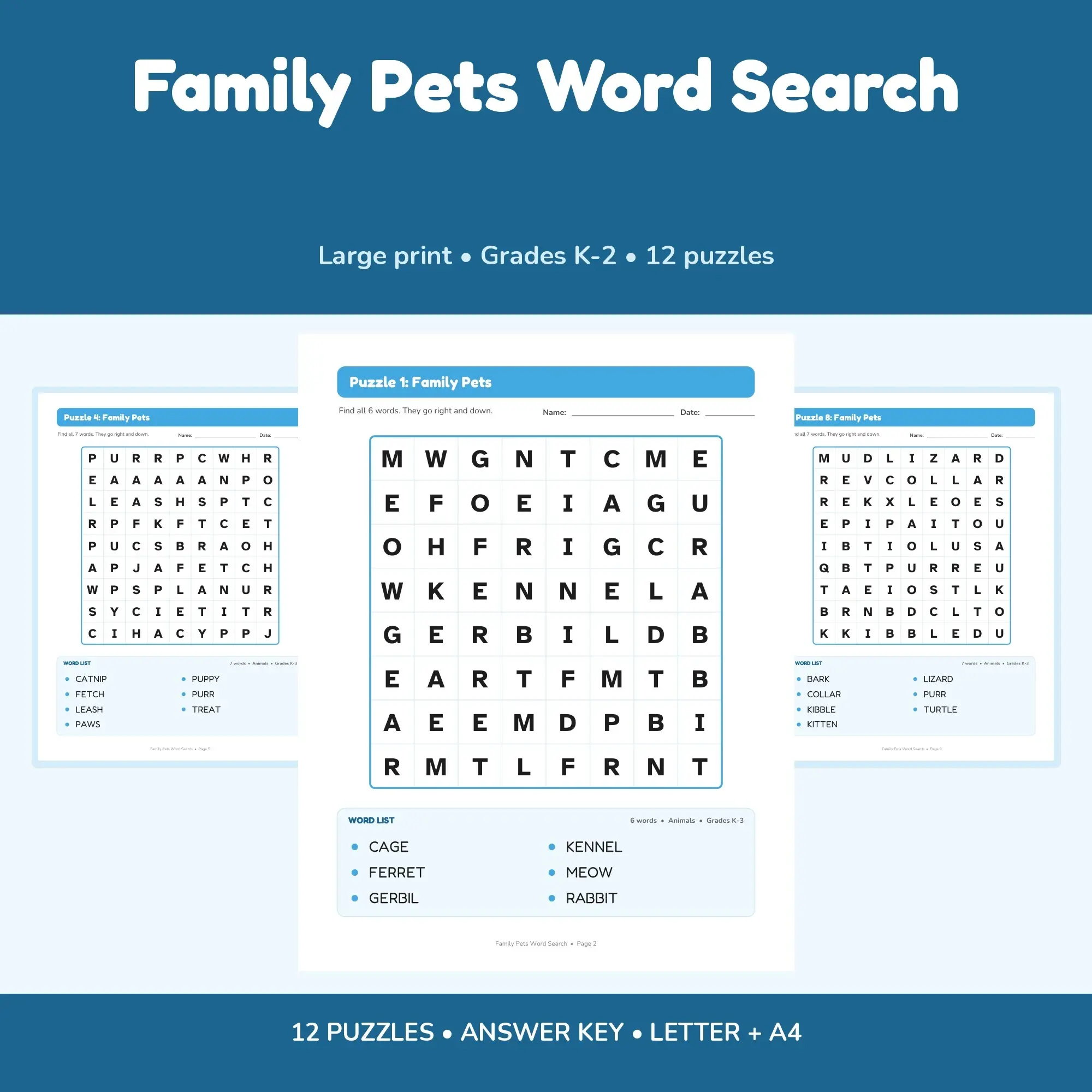 12 Large Print Family Pets Word Search Puzzles for Early Readers, K-2 + Answer Key, preview 1 of 2