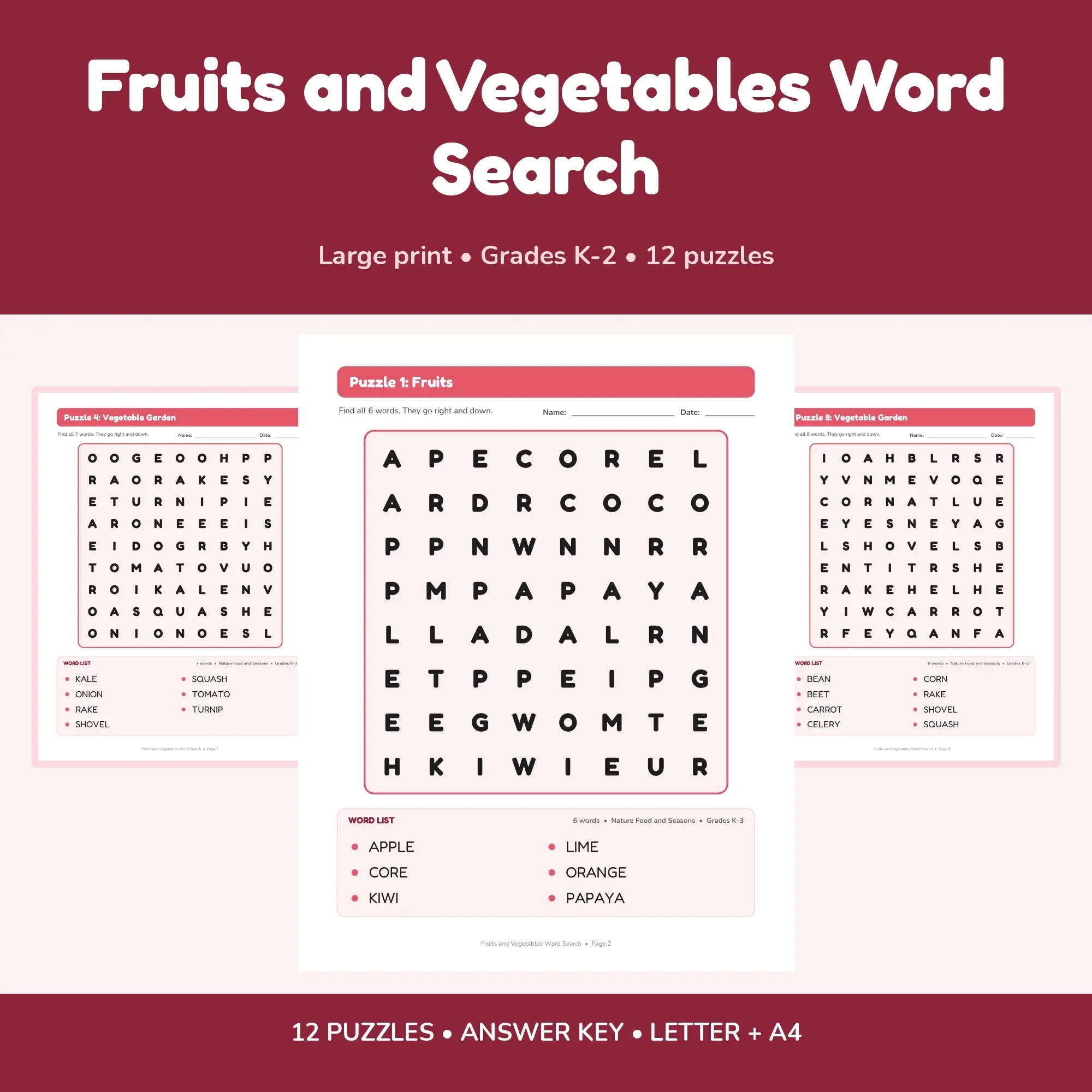 12 Large Print Fruits and Vegetables Word Search Puzzles for Early Readers, K-2 + Answer Key preview