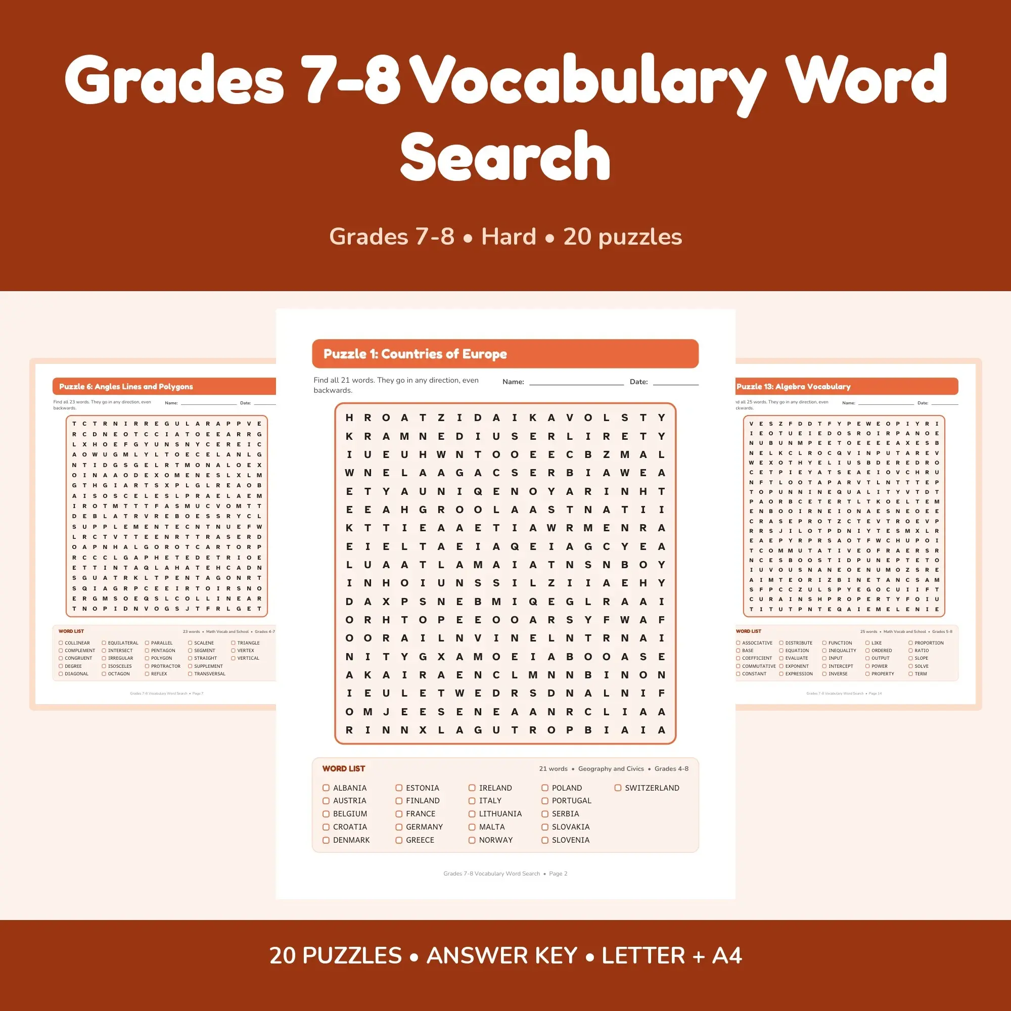 Grades 7-8 Vocabulary Word Search Pack - 20 Printable Puzzles with Answer Key preview