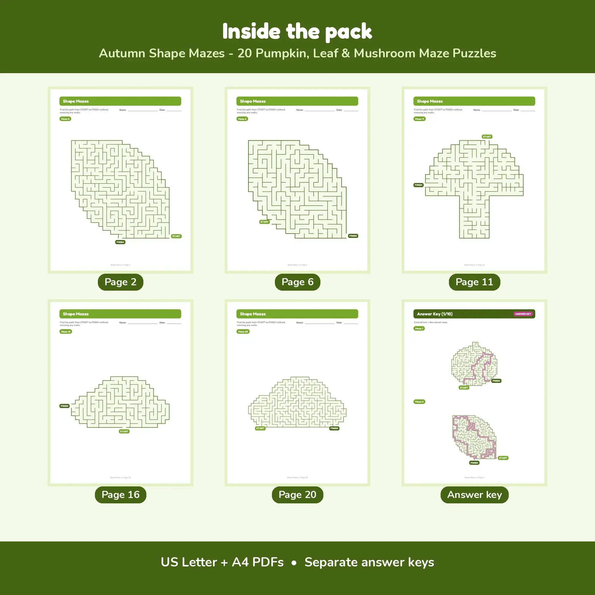Autumn Shape Mazes - 20 Pumpkin, Leaf & Mushroom Maze Puzzles, preview 2 of 2