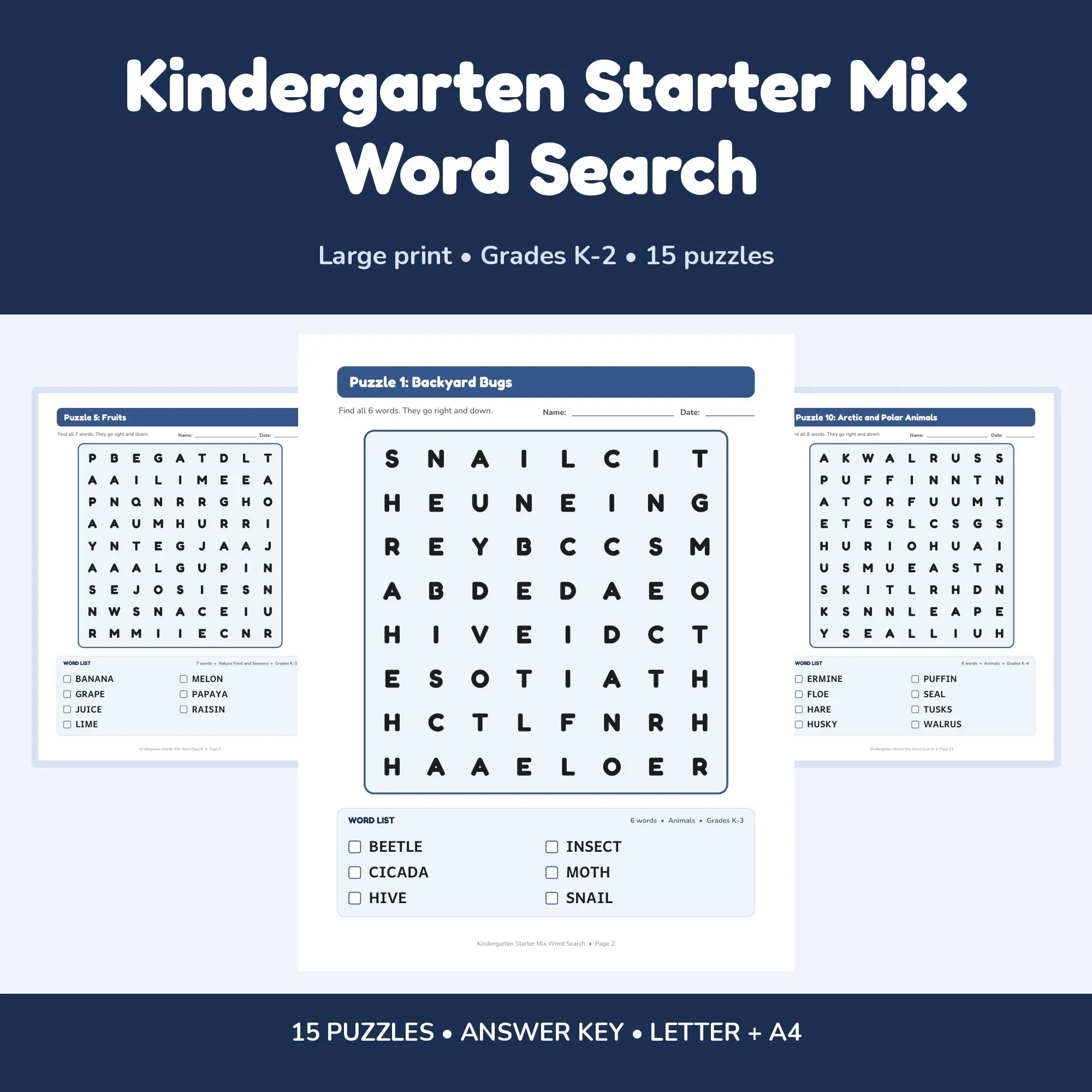 15 Large Print Kindergarten Starter Mix Word Search Puzzles for Early Readers, K-2 + Answer Key preview