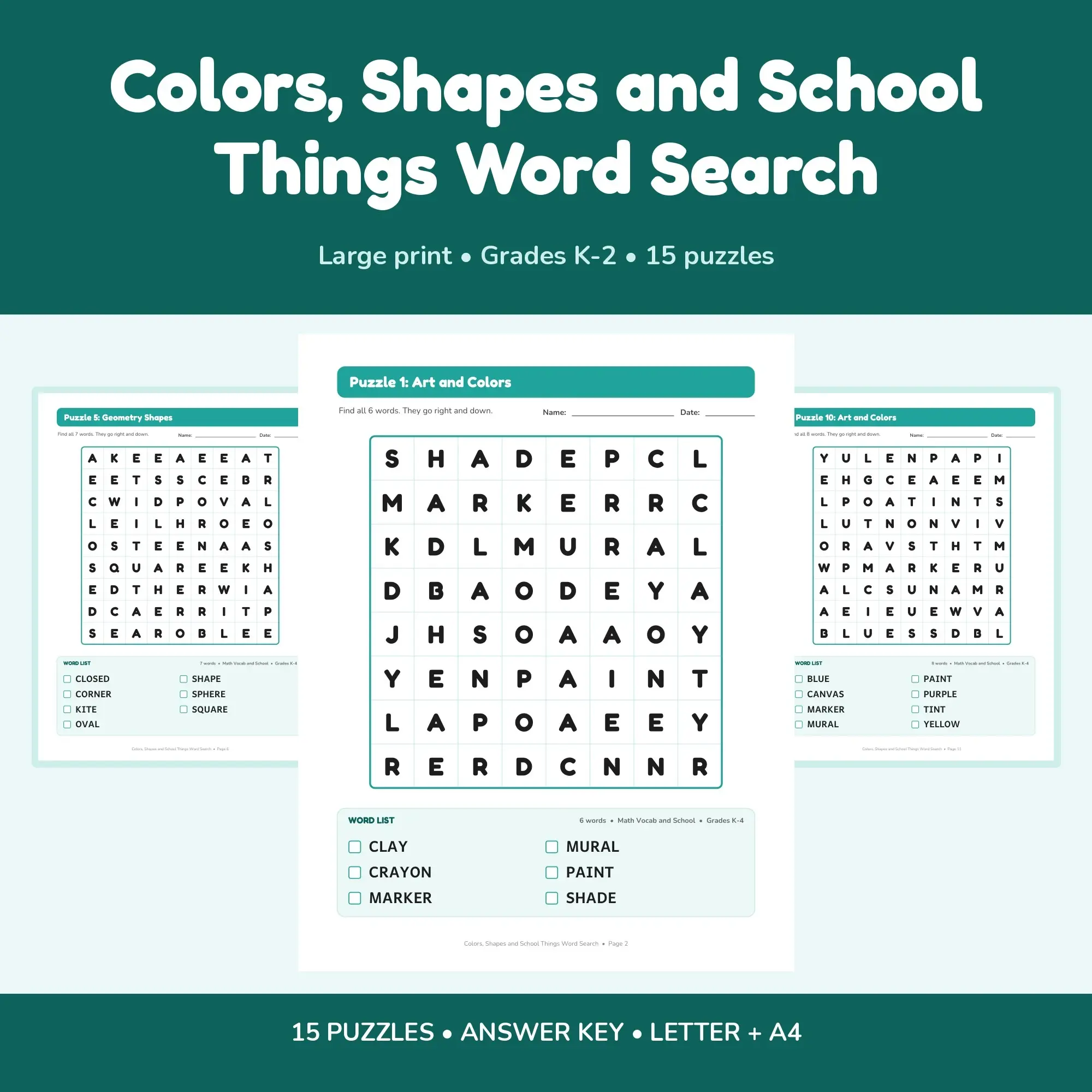 Easy Large Print Colors, Shapes and School Things Word Search, Kindergarten to Grade 2 - 15 Puzzles preview