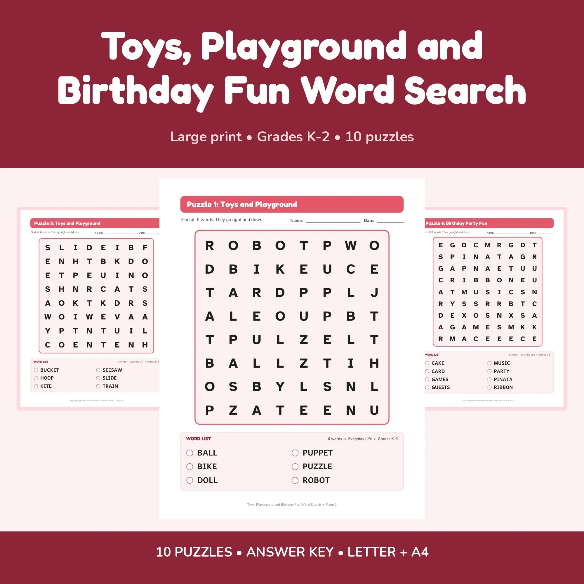Easy Large Print Toys, Playground and Birthday Fun Word Search, Kindergarten to Grade 2 - 10 Puzzles preview