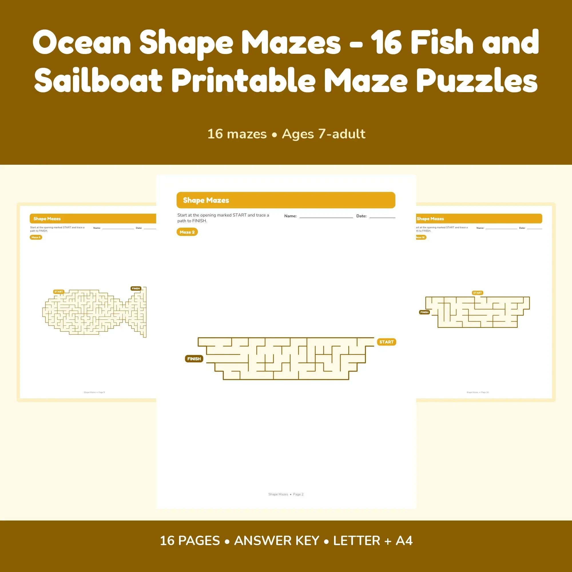 Ocean Shape Mazes - 16 Fish and Sailboat Printable Maze Puzzles preview