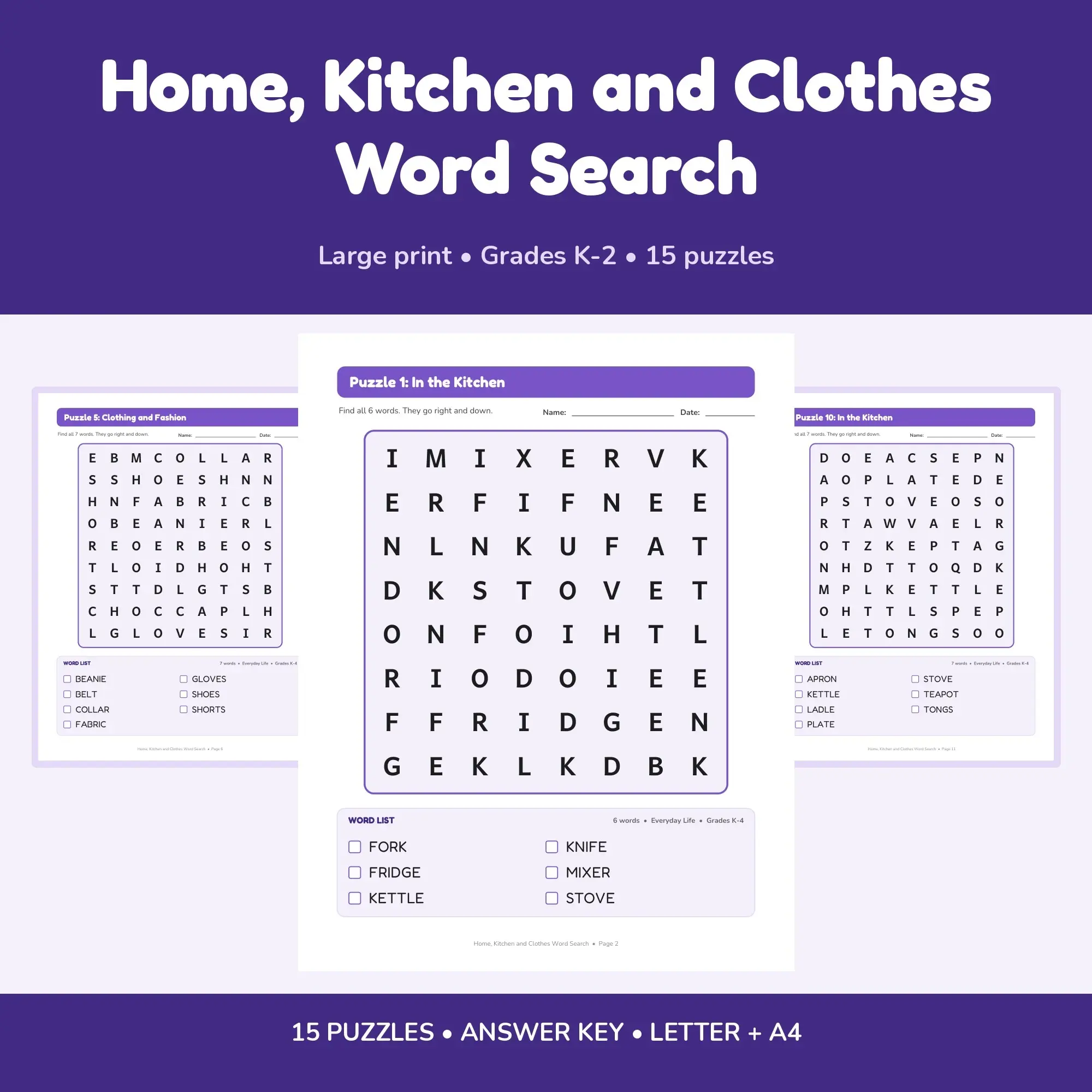Easy Large Print Home, Kitchen and Clothes Word Search, Kindergarten to Grade 2 - 15 Puzzles preview