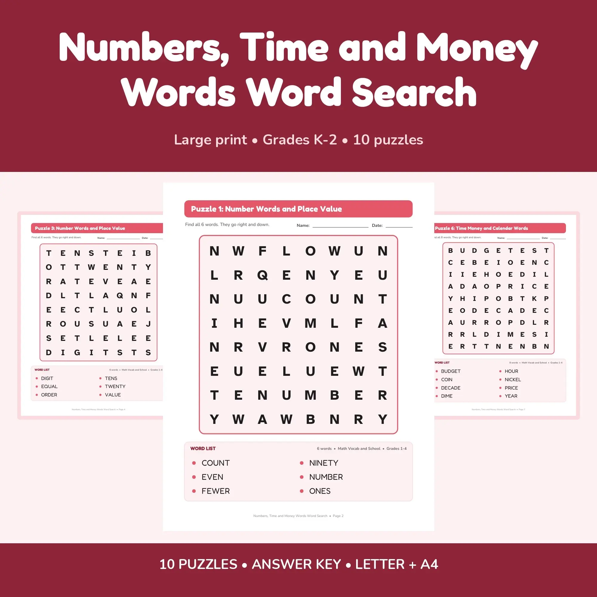 Easy Large Print Numbers, Time and Money Words Word Search, Kindergarten to Grade 2 - 10 Puzzles preview