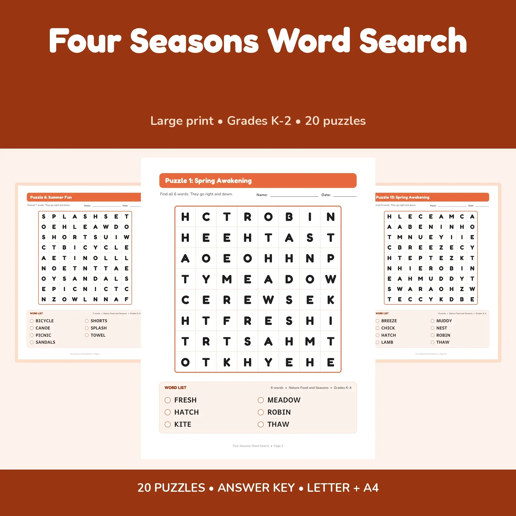 20 Large Print Four Seasons Word Search Puzzles for Early Readers, K-2 + Answer Key preview