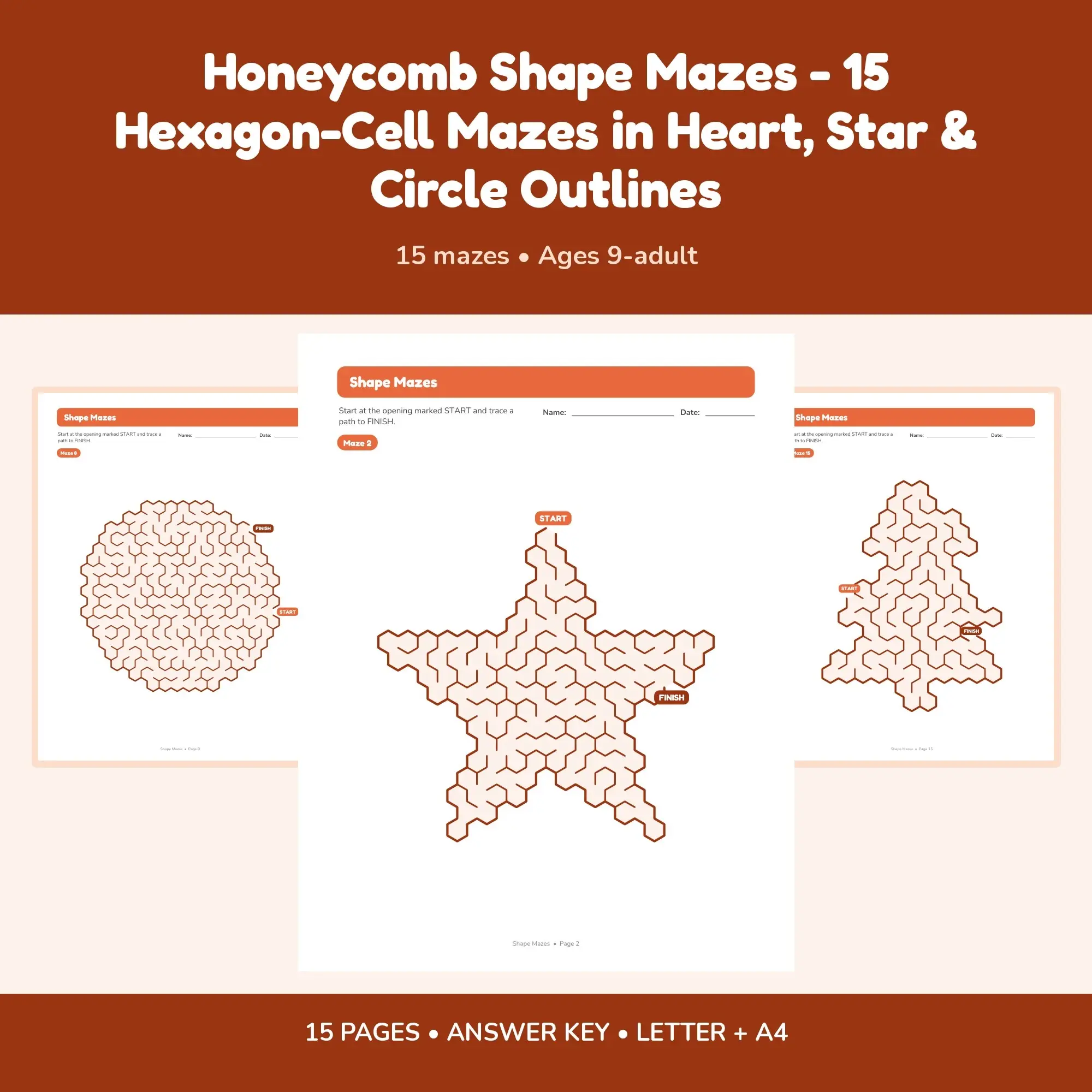 Honeycomb Shape Mazes - 15 Hexagon-Cell Mazes in Heart, Star & Circle Outlines preview