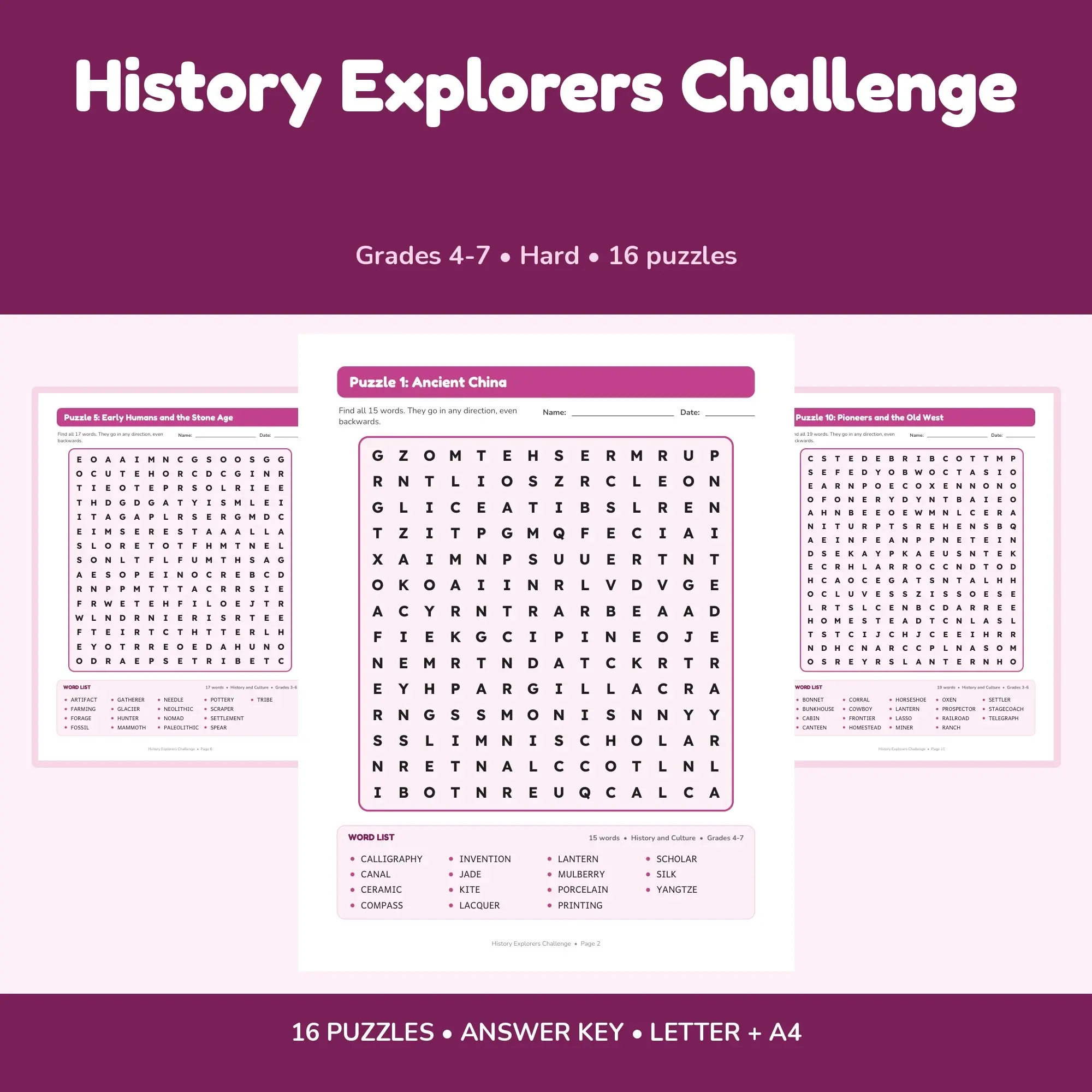 Kids Hard Mode Word Search - History Explorers Challenge, 16 Puzzles, Grades 4-7 + Key preview