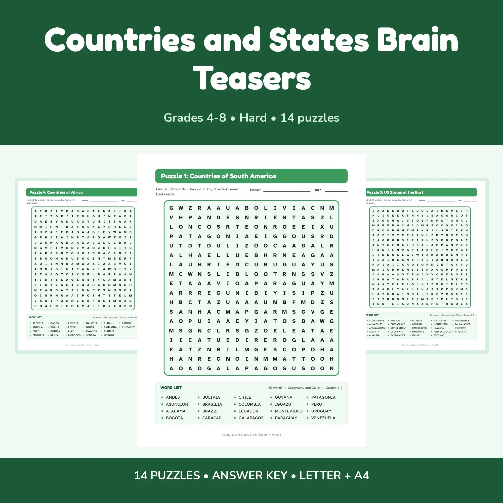 Kids Hard Mode Word Search - Countries and States Brain Teasers, 14 Puzzles, Grades 4-8 + Key preview