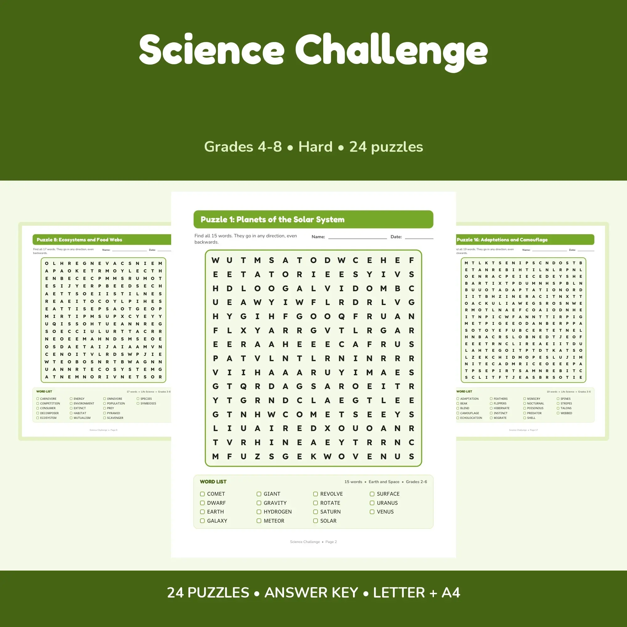 Kids Hard Mode Word Search - Science Challenge, 24 Puzzles, Grades 4-8 + Key preview