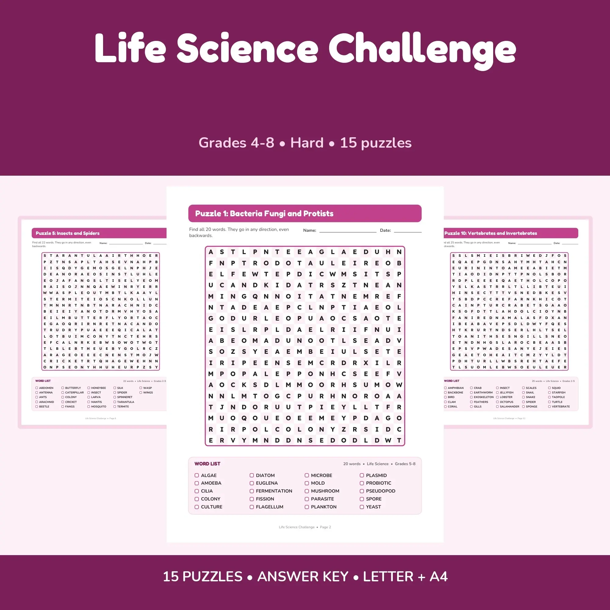 Hard Word Search for Kids: Life Science Challenge - 15 Puzzles, Grades 4-8 + Answer Key preview