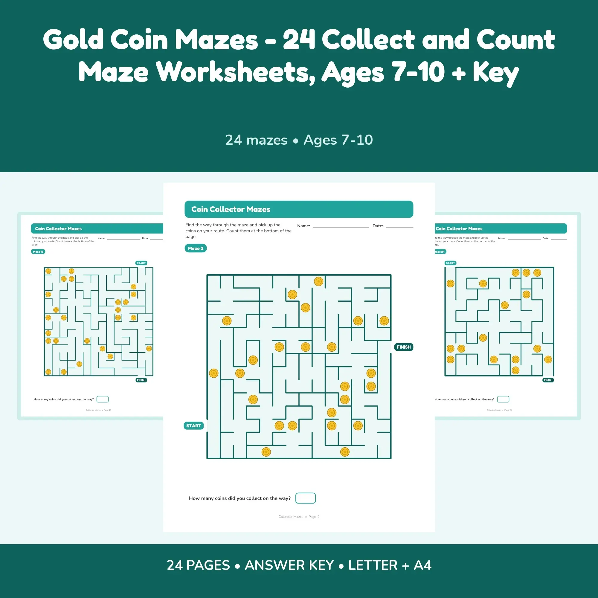 Gold Coin Mazes - 24 Collect and Count Maze Worksheets, Ages 7-10 + Key preview
