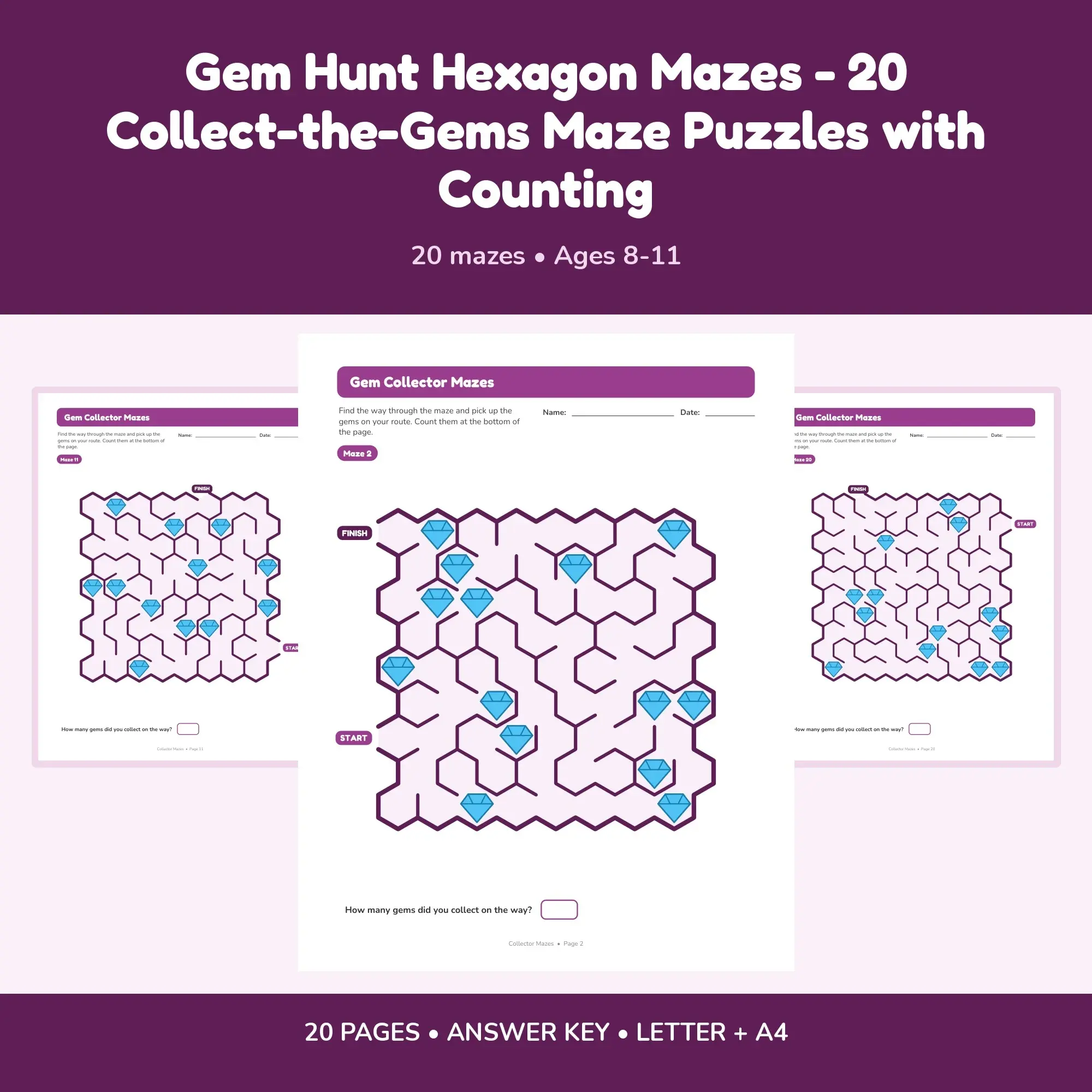 Gem Hunt Hexagon Mazes - 20 Collect-the-Gems Maze Puzzles with Counting preview