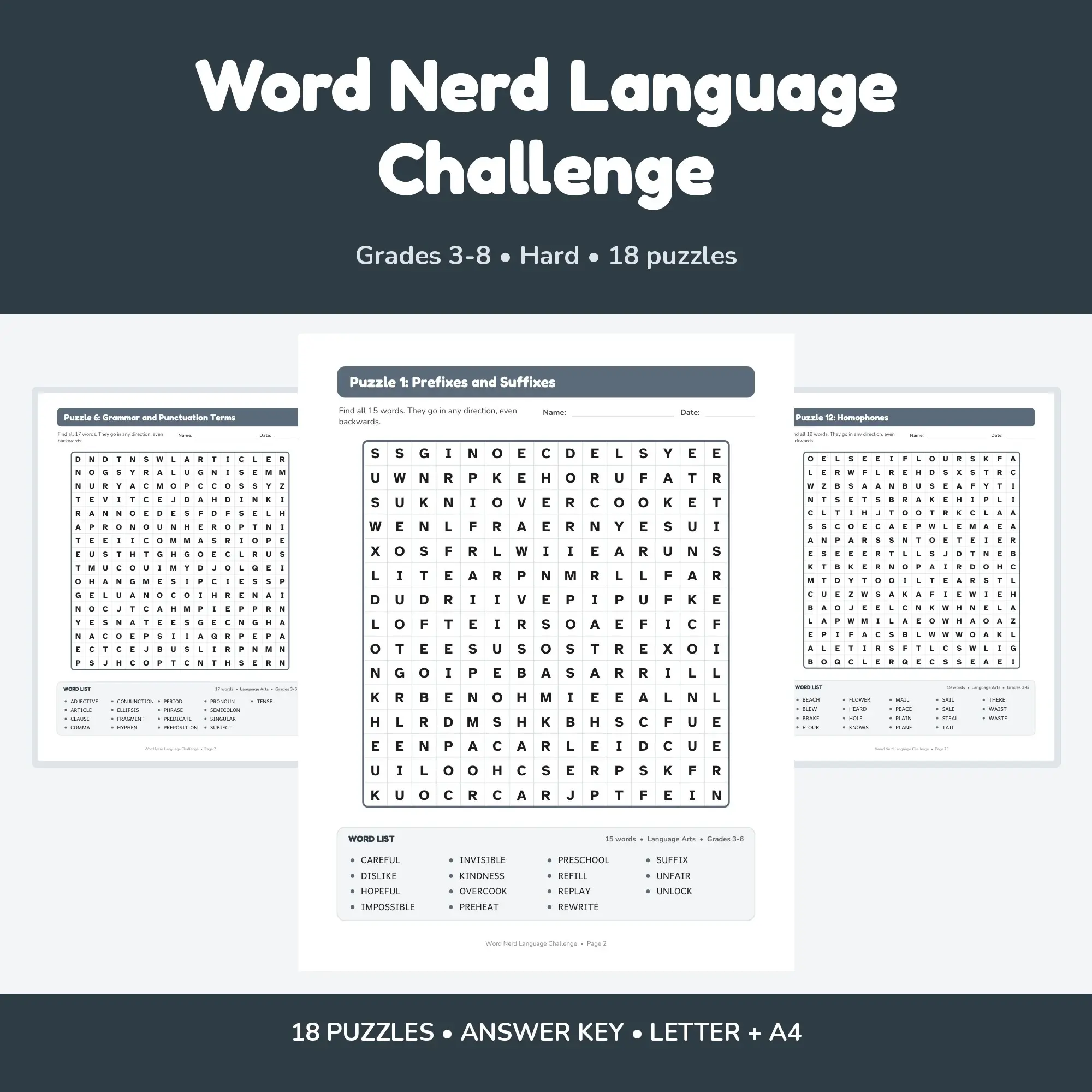 Hard Word Search for Kids: Word Nerd Language Challenge - 18 Puzzles, Grades 3-8 + Answer Key preview