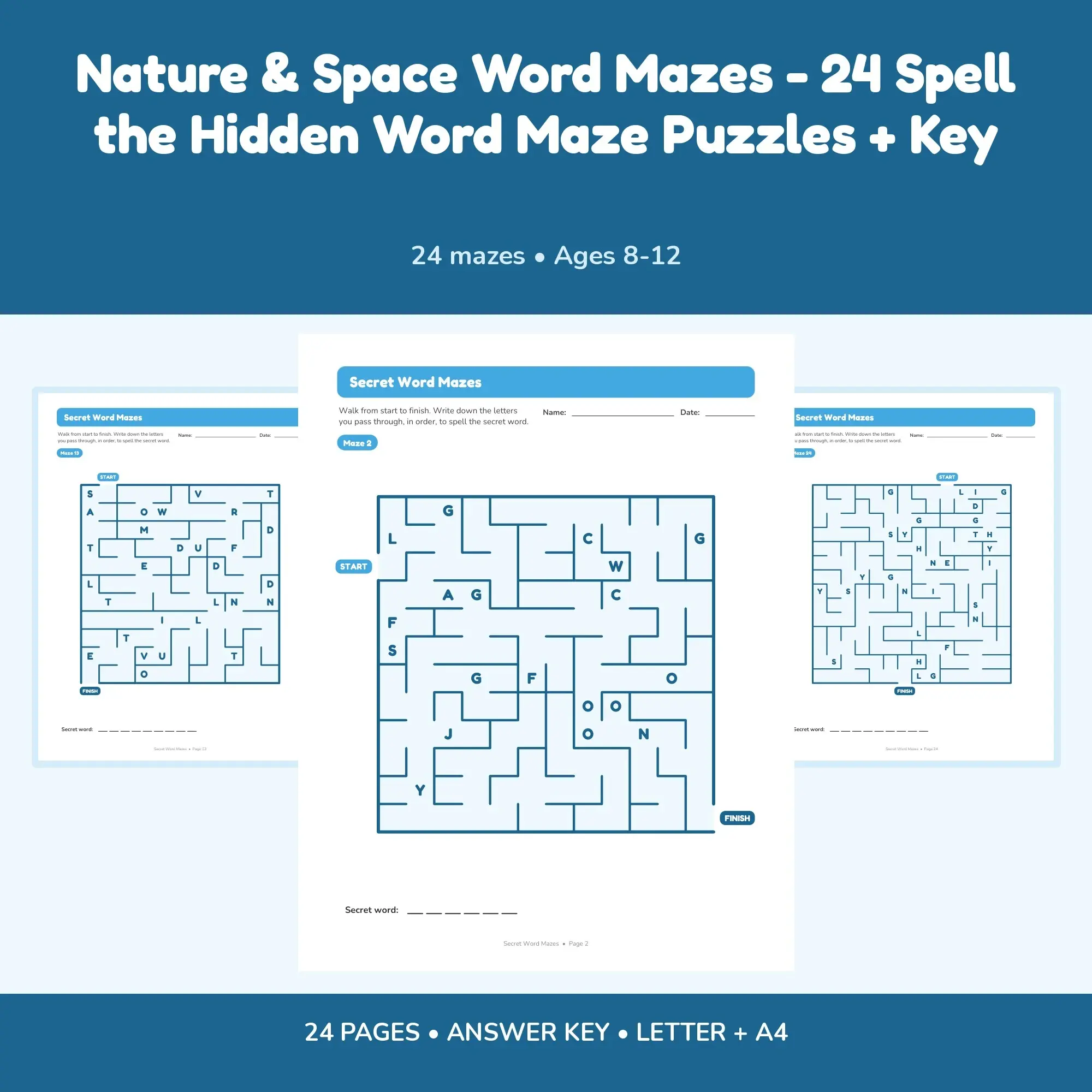 Nature & Space Word Mazes - 24 Spell the Hidden Word Maze Puzzles + Key preview