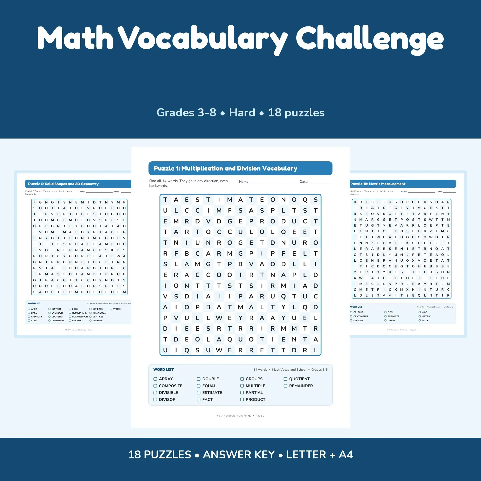 Hard Word Search for Kids: Math Vocabulary Challenge - 18 Puzzles, Grades 3-8 + Answer Key preview