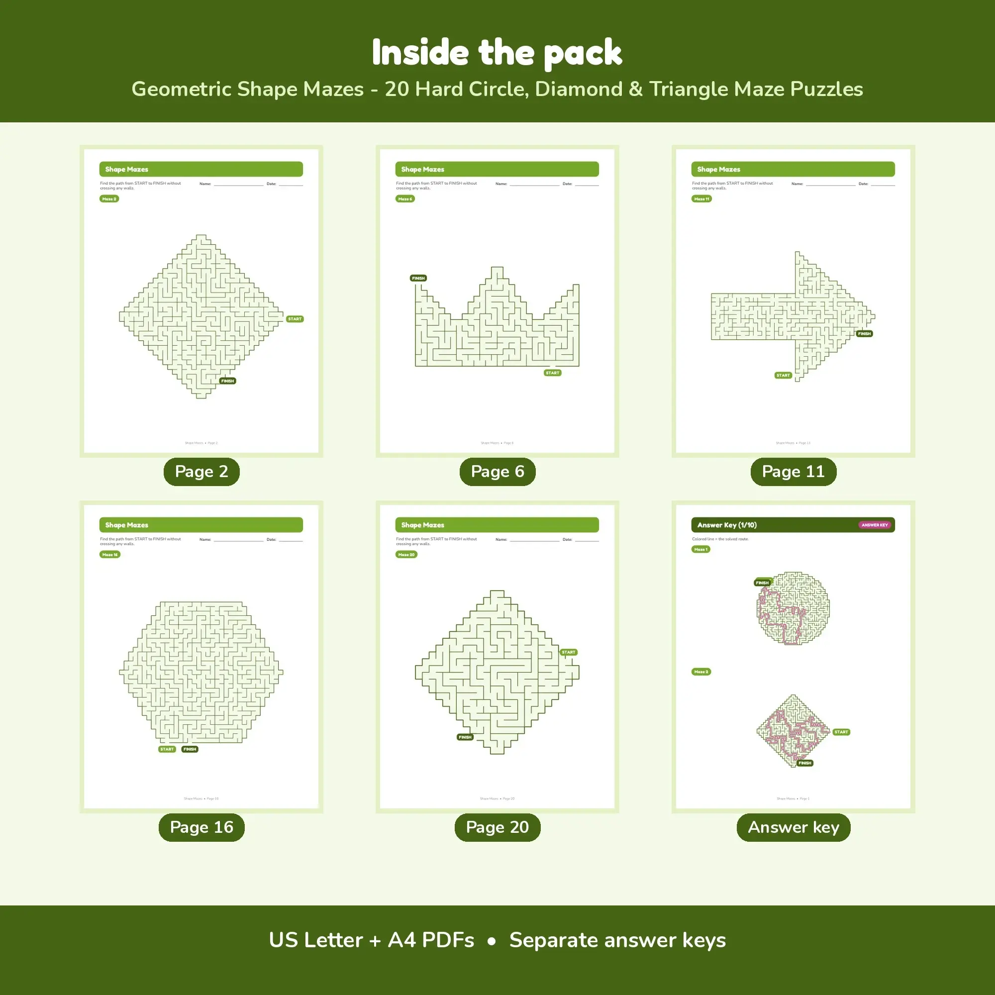 Geometric Shape Mazes - 20 Hard Circle, Diamond & Triangle Maze Puzzles, preview 2 of 2