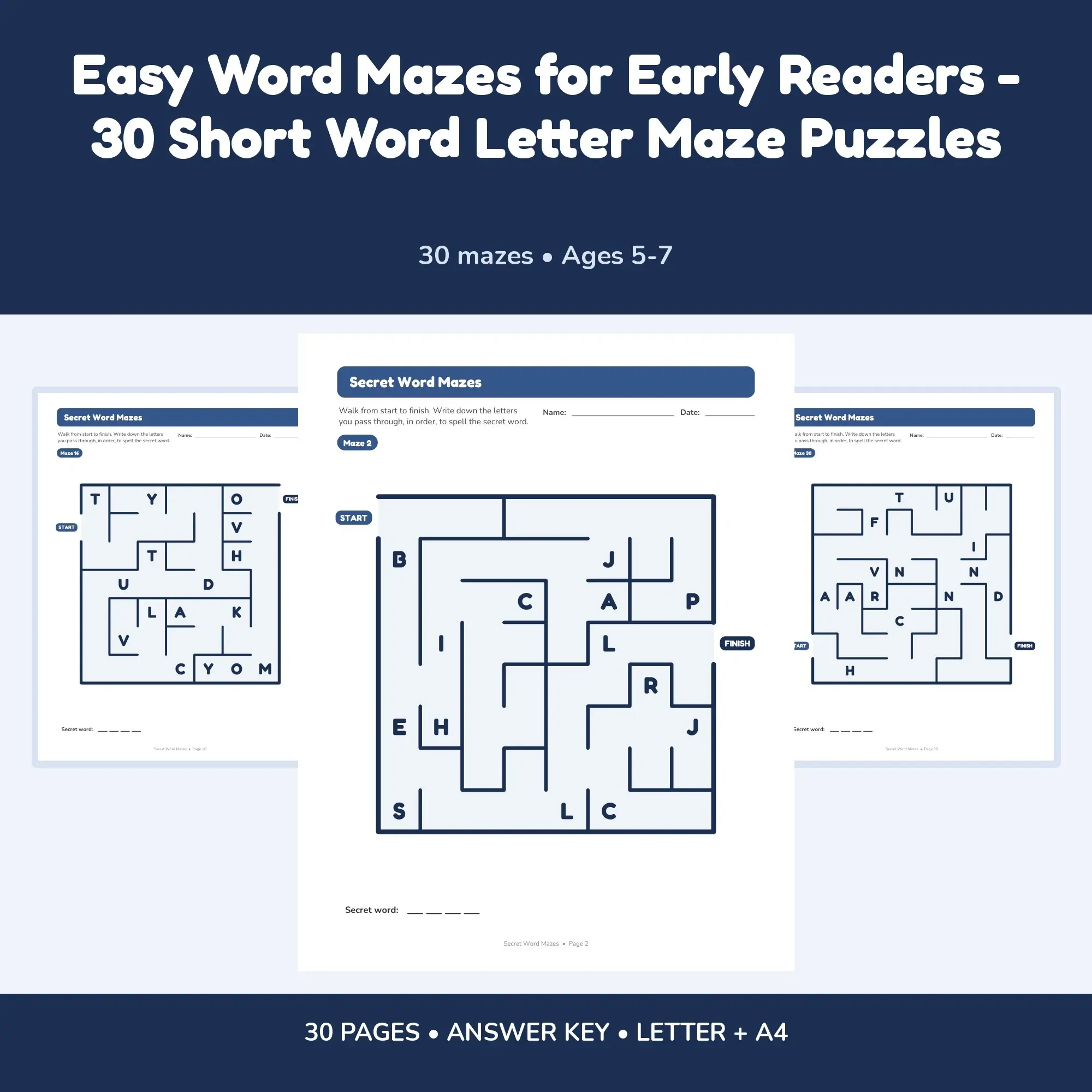 Easy Word Mazes for Early Readers - 30 Short Word Letter Maze Puzzles preview