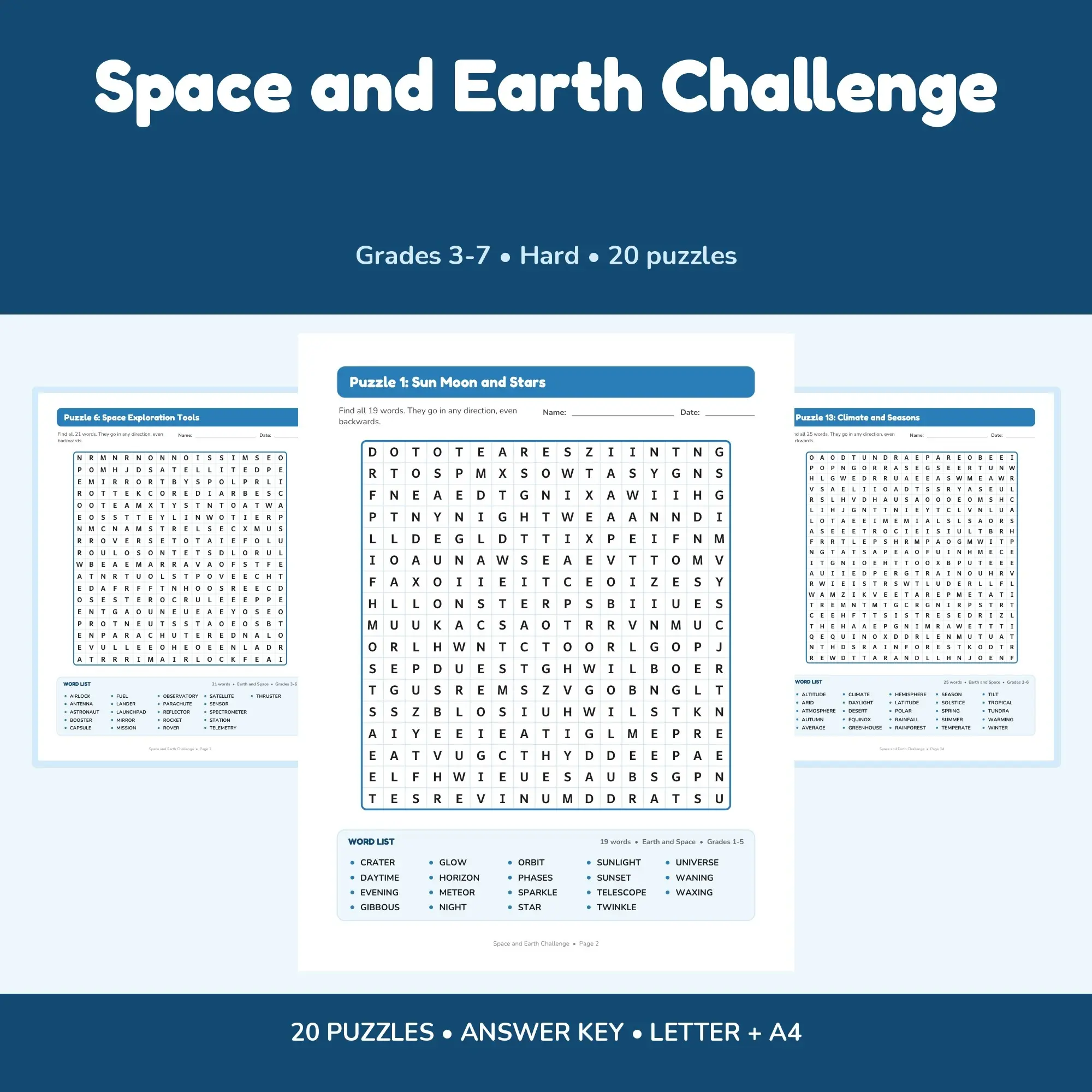 Kids Hard Mode Word Search - Space and Earth Challenge, 20 Puzzles, Grades 3-7 + Key preview