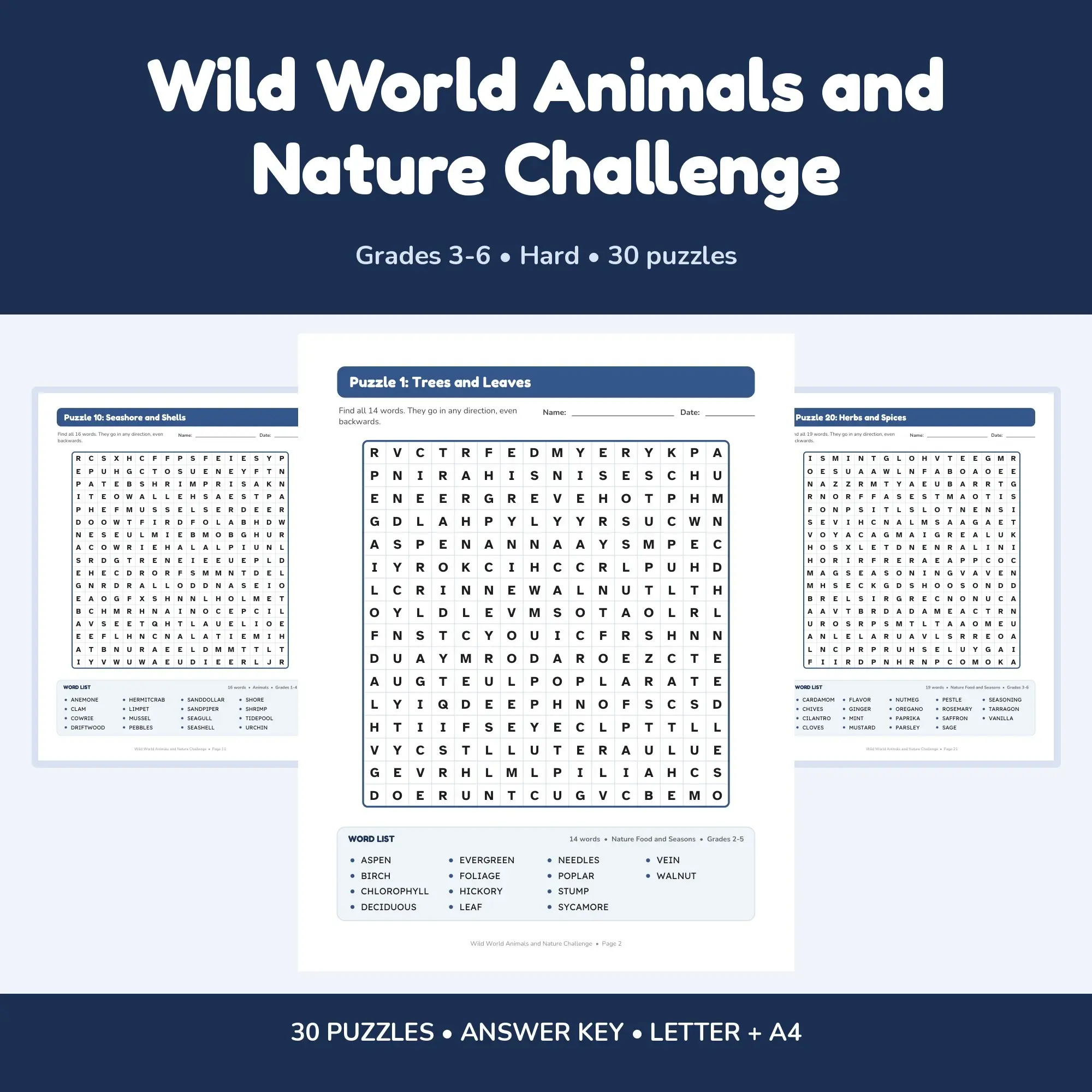 Hard Word Search for Kids: Wild World Animals and Nature Challenge - 30 Puzzles, Grades 3-6 + Answer Key preview