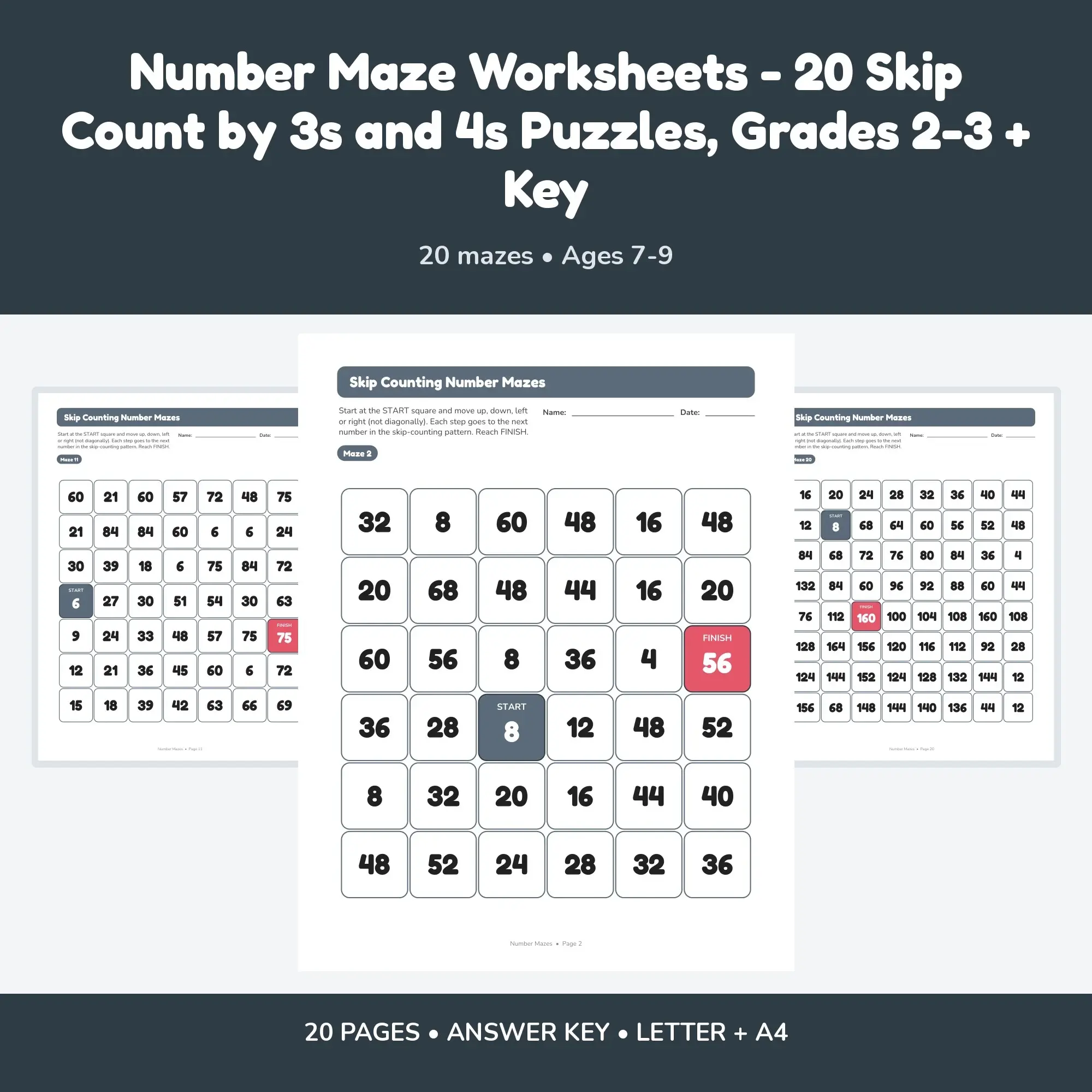 Number Maze Worksheets - 20 Skip Count by 3s and 4s Puzzles, Grades 2-3 + Key preview