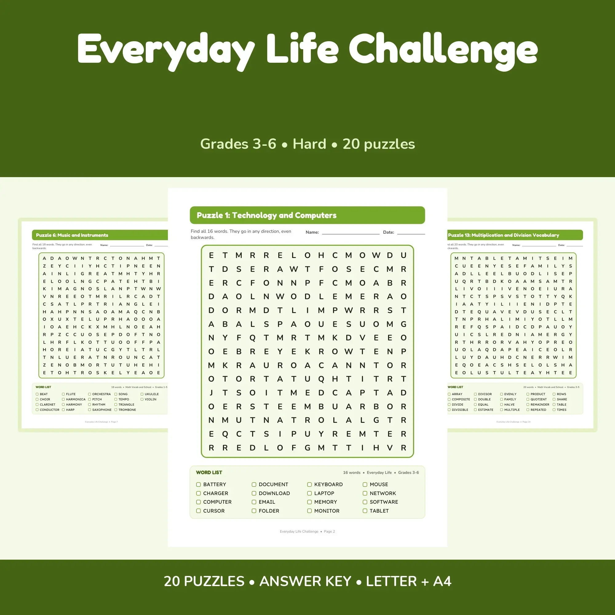 Hard Word Search for Kids: Everyday Life Challenge - 20 Puzzles, Grades 3-6 + Answer Key preview