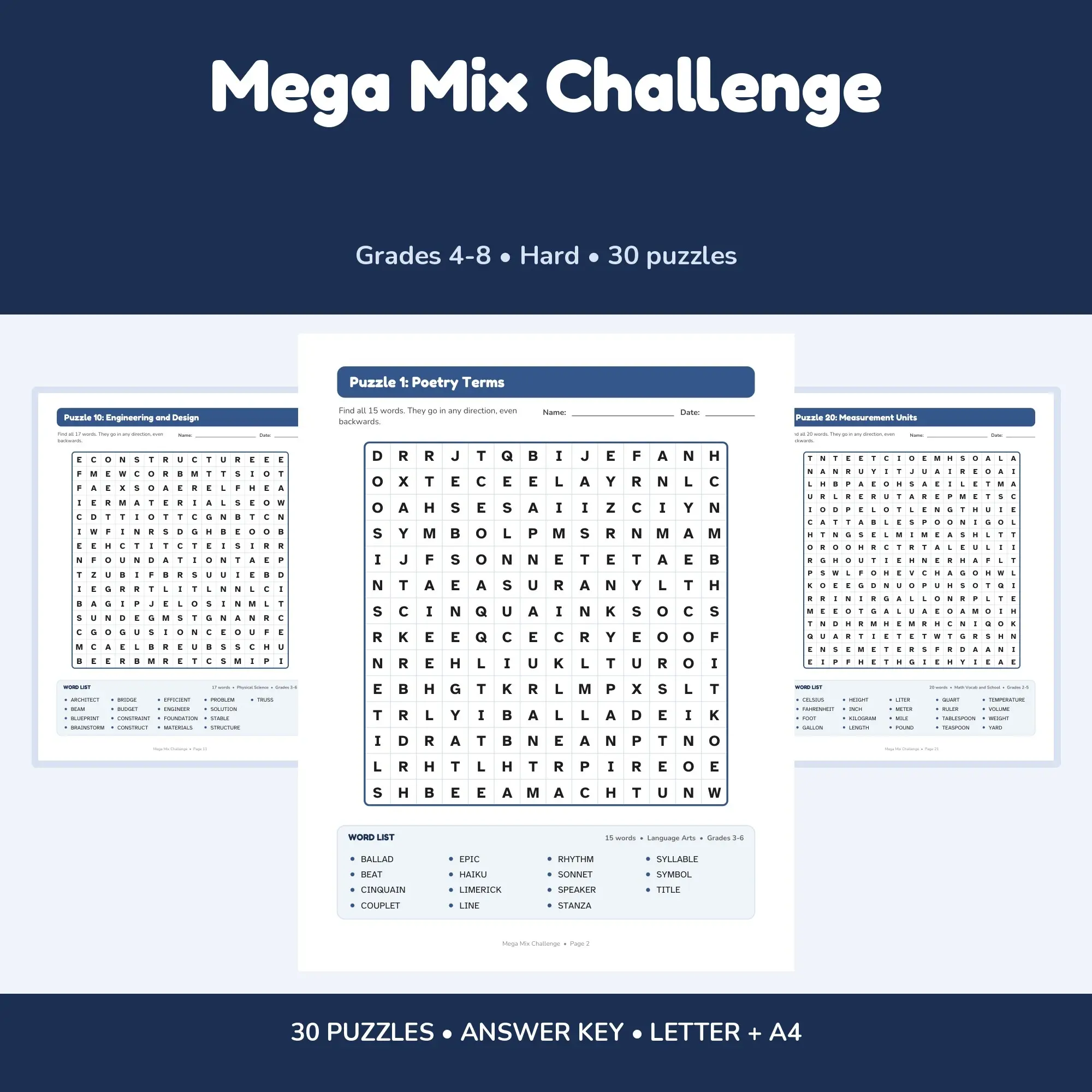 Kids Hard Mode Word Search - Mega Mix Challenge, 30 Puzzles, Grades 4-8 + Key preview