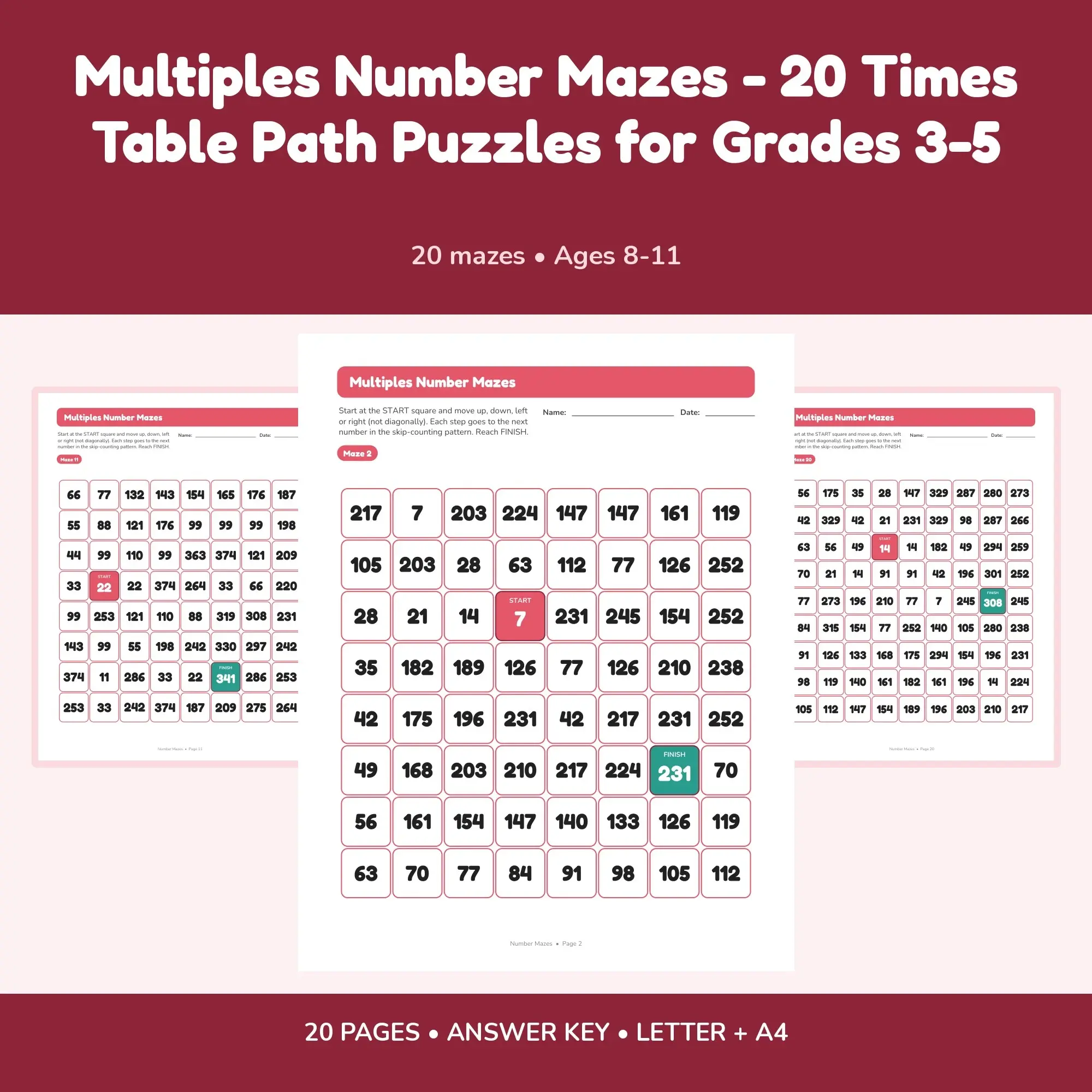 Multiples Number Mazes - 20 Times Table Path Puzzles for Grades 3-5 preview