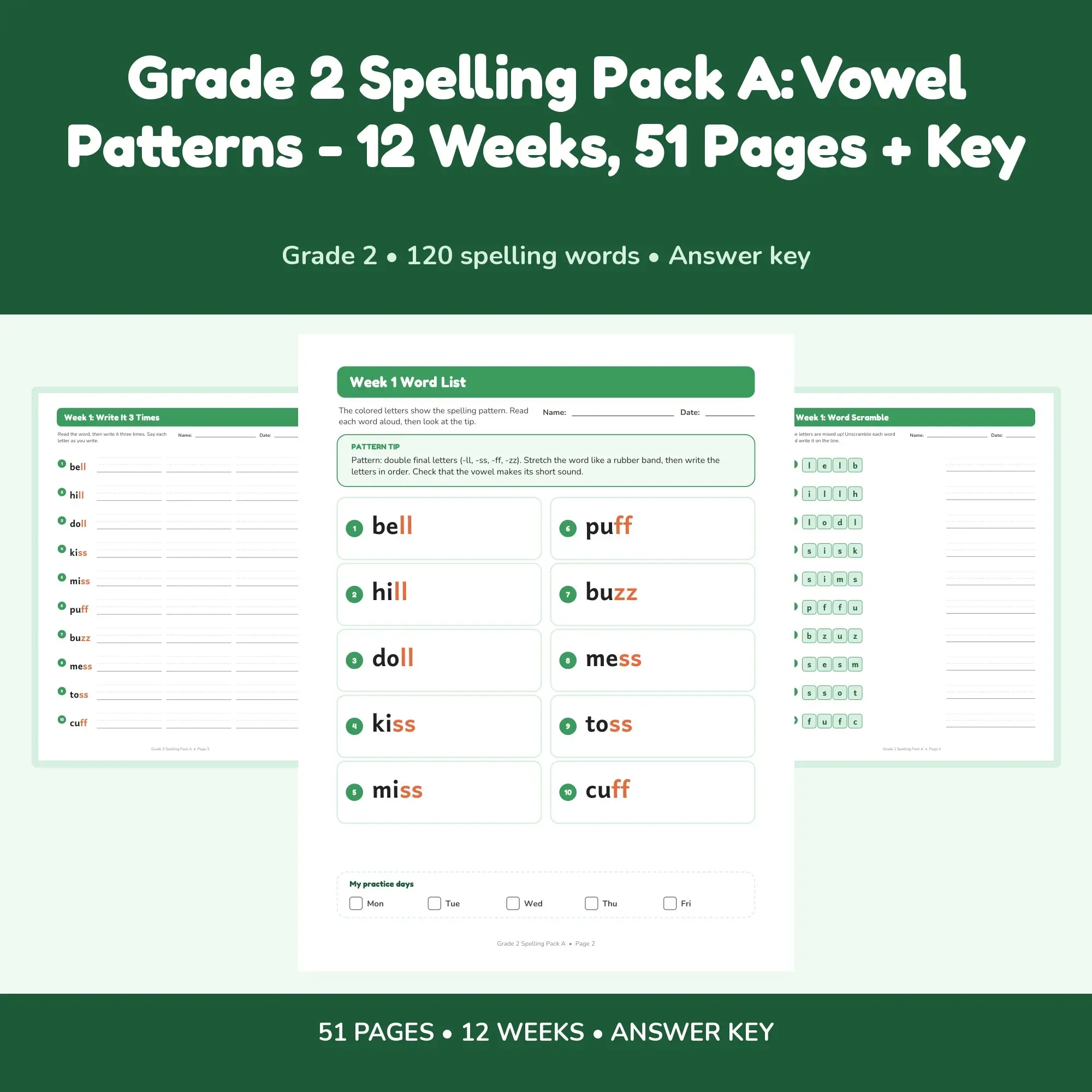 Grade 2 Spelling Pack A: Vowel Patterns - 12 Weeks, 51 Pages + Key preview