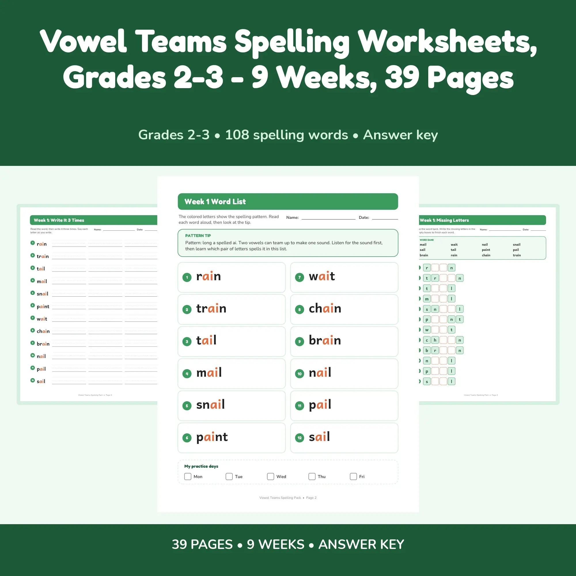 Vowel Teams Spelling Worksheets, Grades 2-3 - 9 Weeks, 39 Pages preview