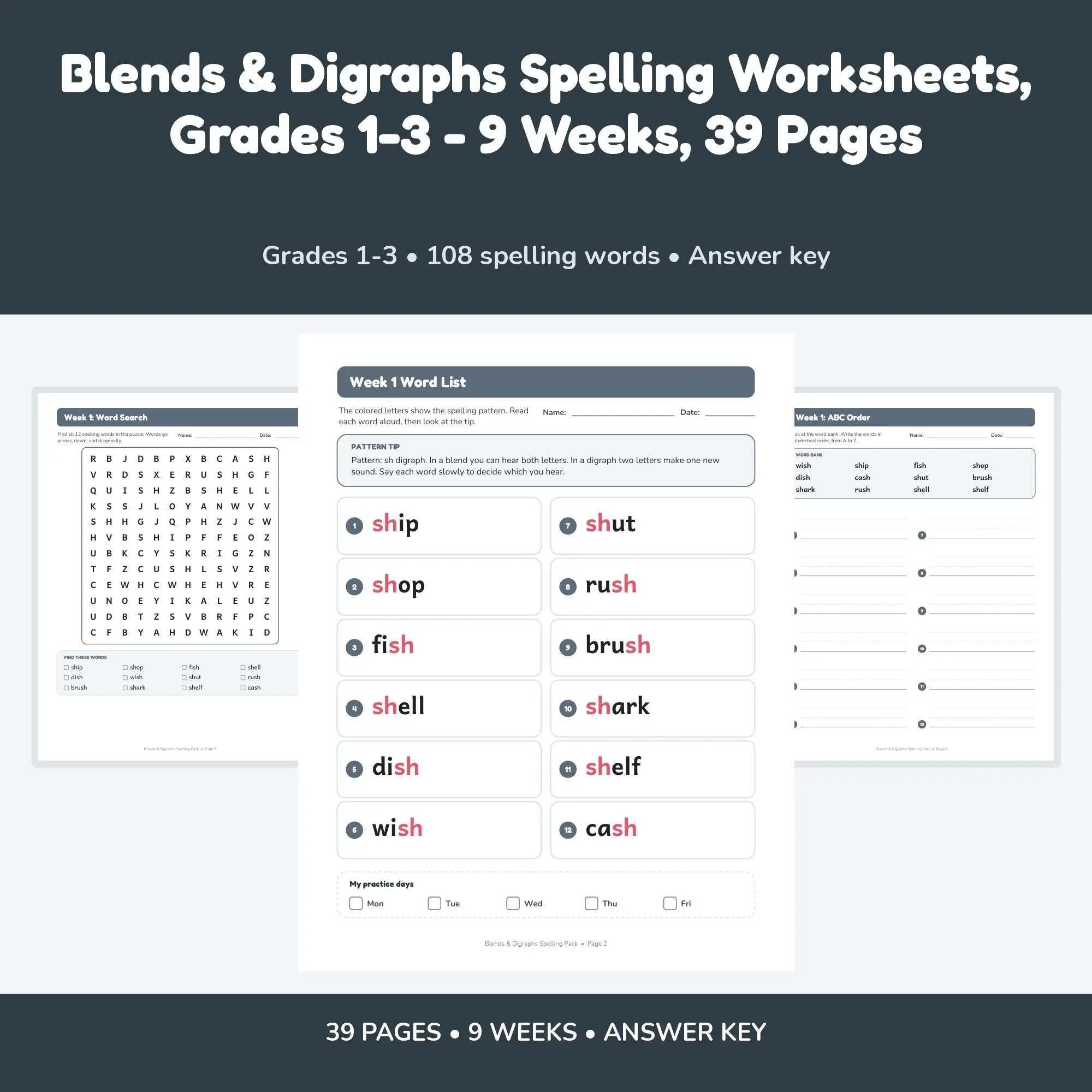 Blends & Digraphs Spelling Worksheets, Grades 1-3 - 9 Weeks, 39 Pages preview