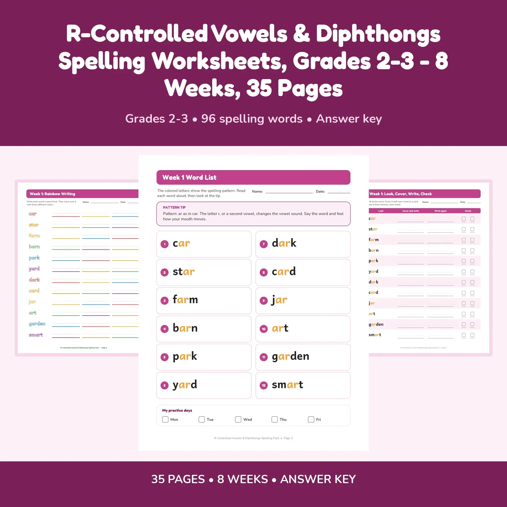 R-Controlled Vowels & Diphthongs Spelling Worksheets, Grades 2-3 - 8 Weeks, 35 Pages preview