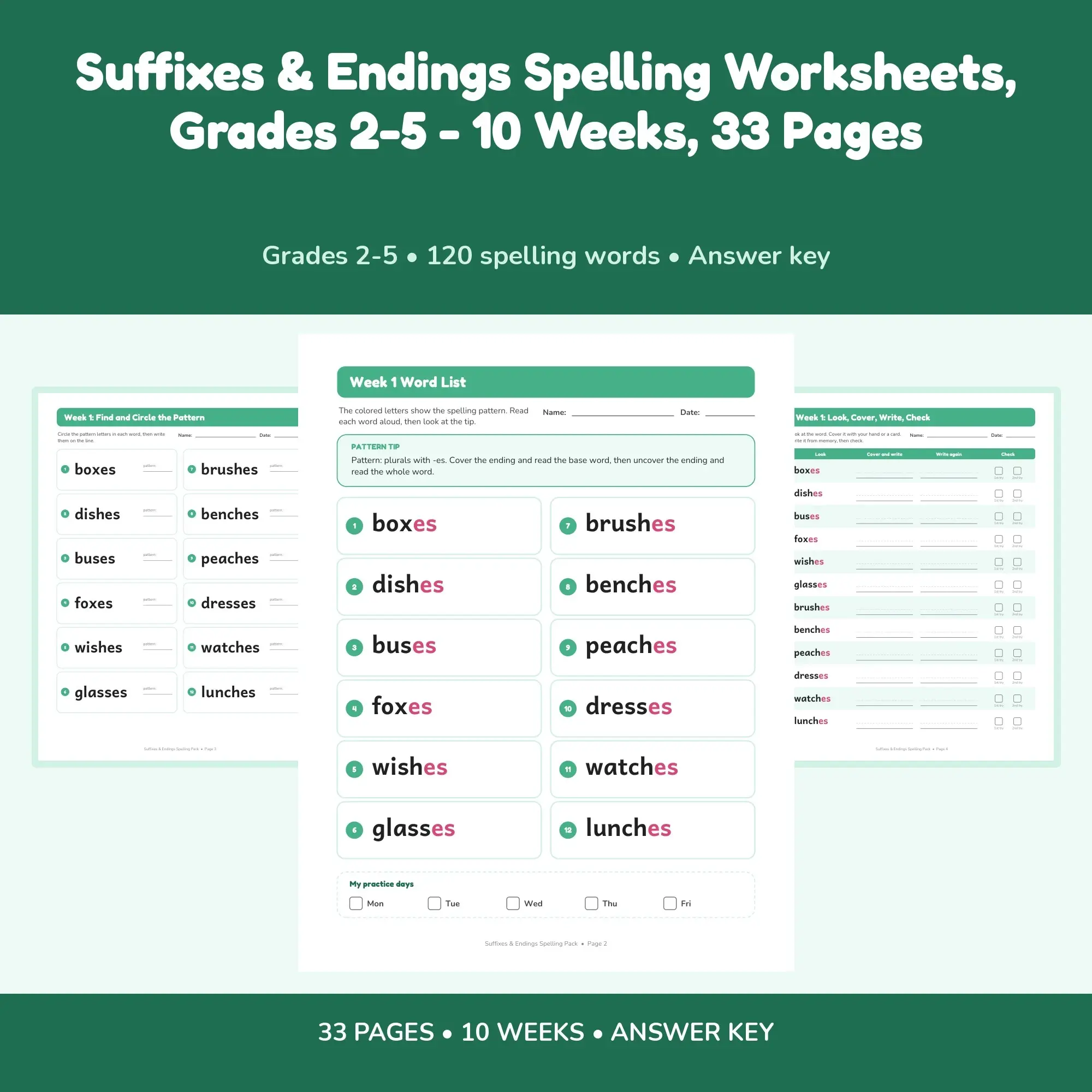 Suffixes & Endings Spelling Worksheets, Grades 2-5 - 10 Weeks, 33 Pages preview