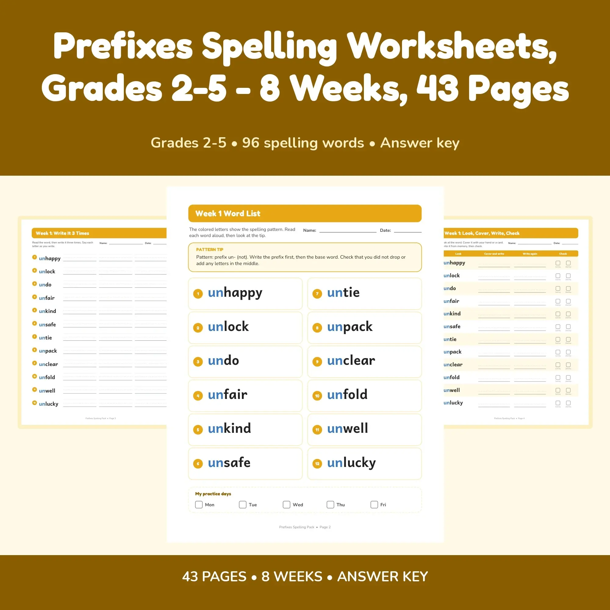 Prefixes Spelling Worksheets, Grades 2-5 - 8 Weeks, 43 Pages preview