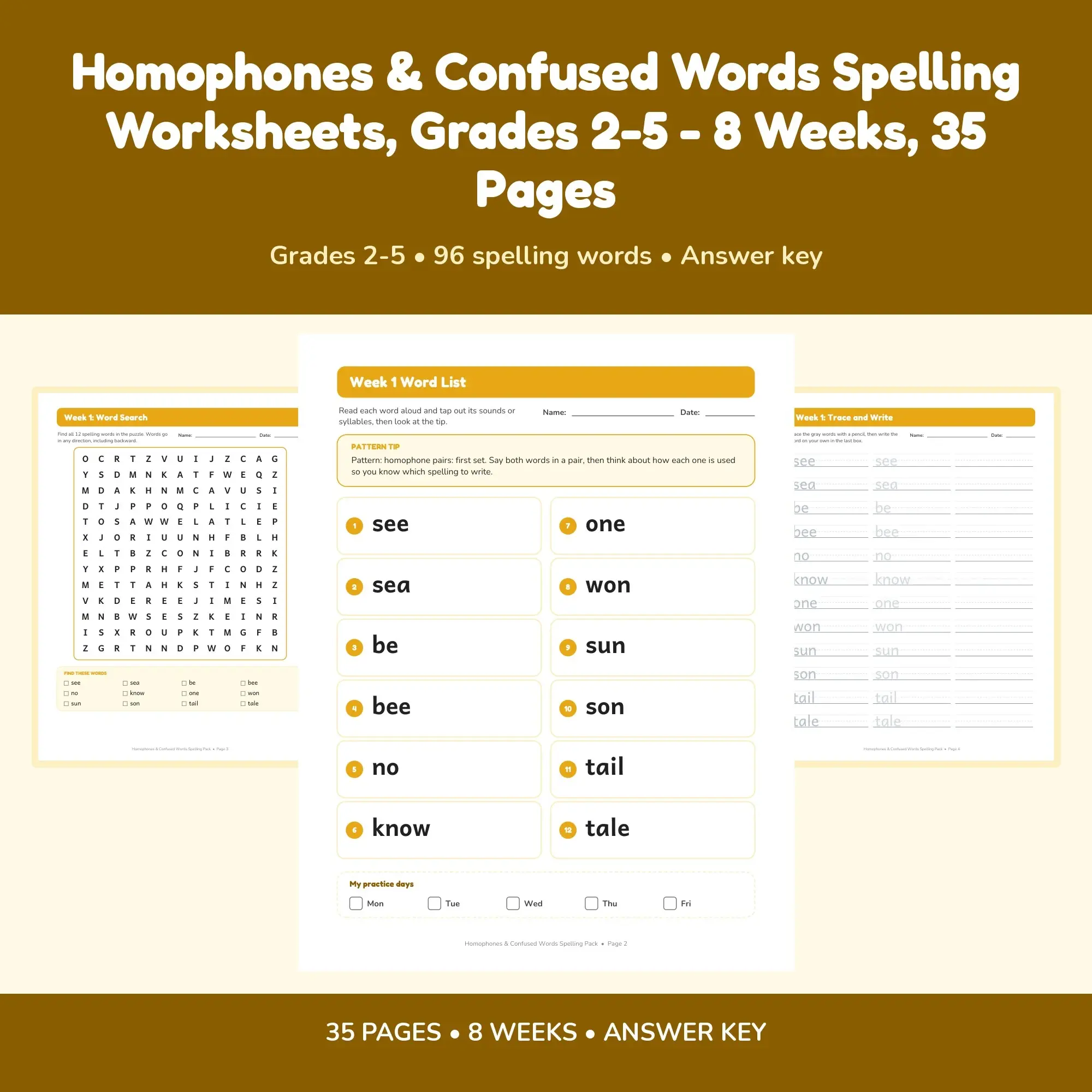 Homophones & Confused Words Spelling Worksheets, Grades 2-5 - 8 Weeks, 35 Pages preview