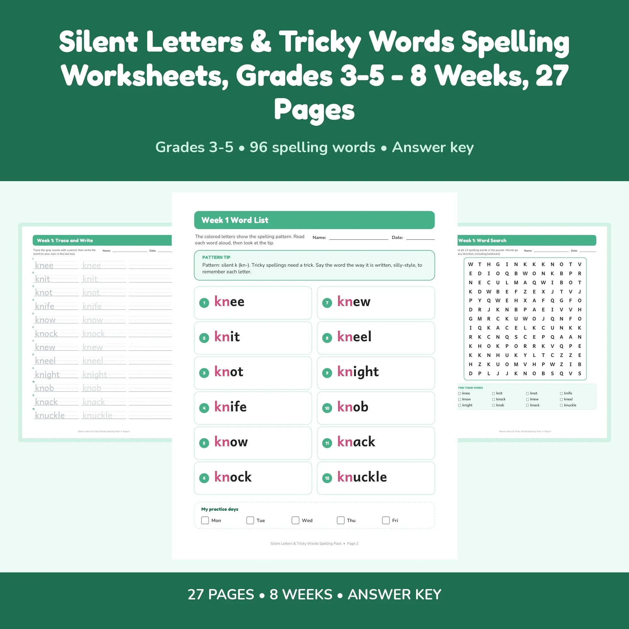 Silent Letters & Tricky Words Spelling Worksheets, Grades 3-5 - 8 Weeks, 27 Pages preview