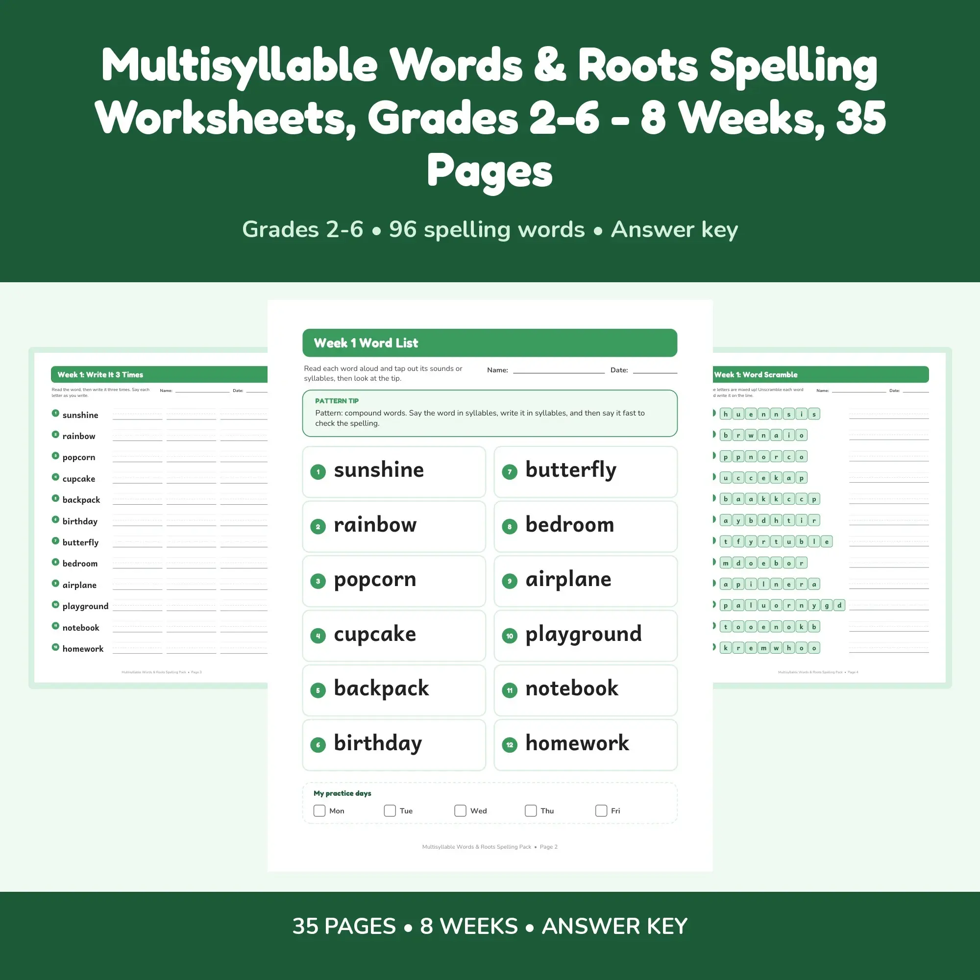 Multisyllable Words & Roots Spelling Worksheets, Grades 2-6 - 8 Weeks, 35 Pages preview
