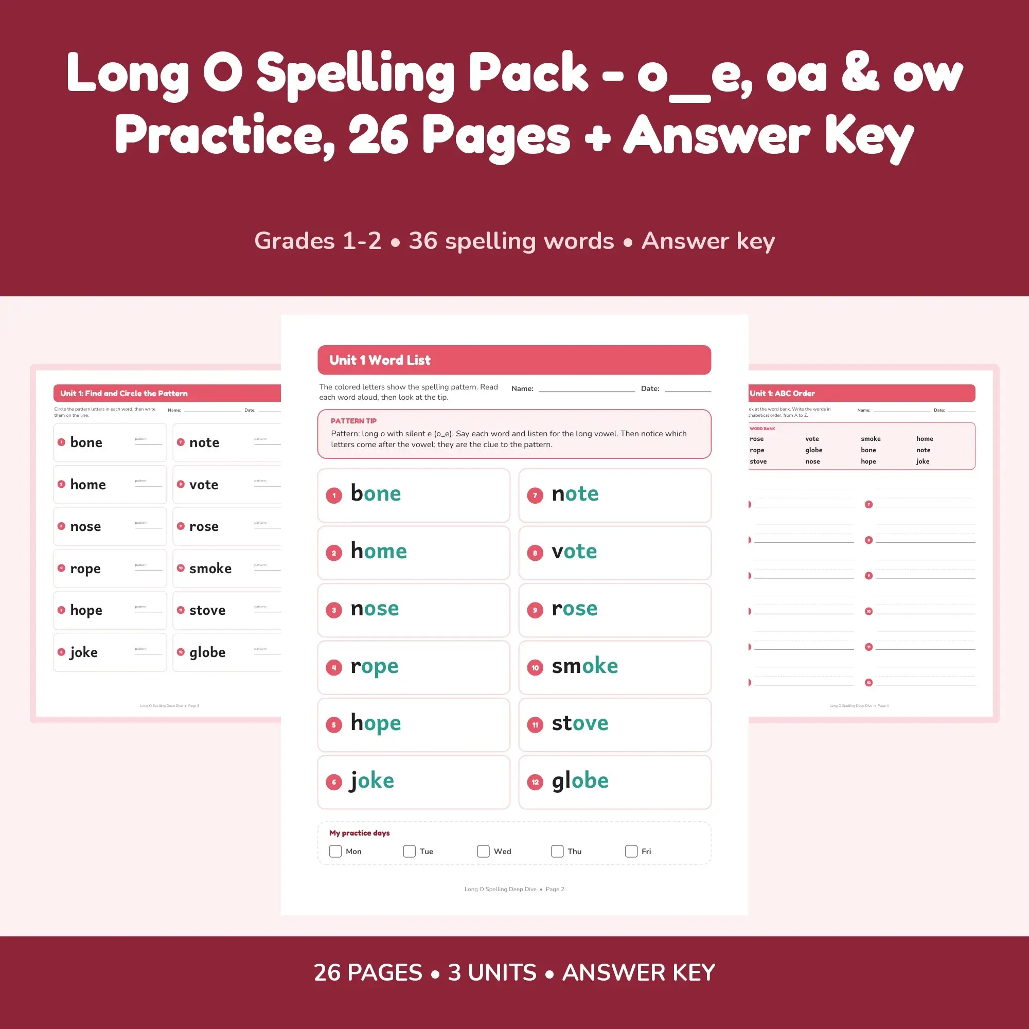 Long O Spelling Pack - o_e, oa & ow Practice, 26 Pages + Answer Key preview
