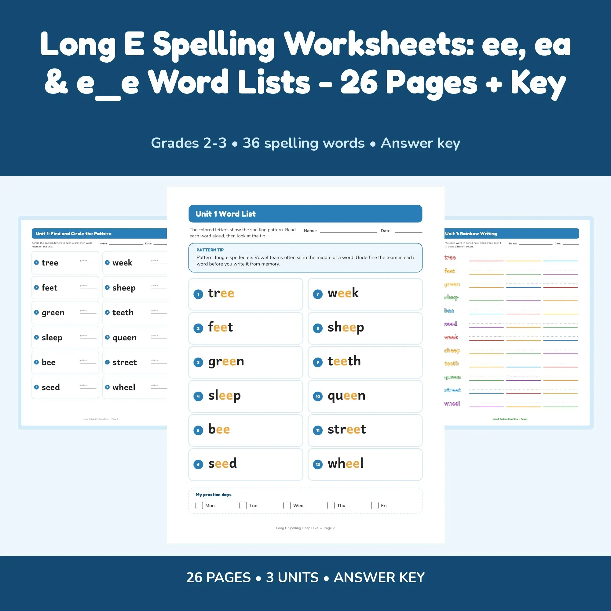 Long E Spelling Worksheets: ee, ea & e_e Word Lists - 26 Pages + Key preview