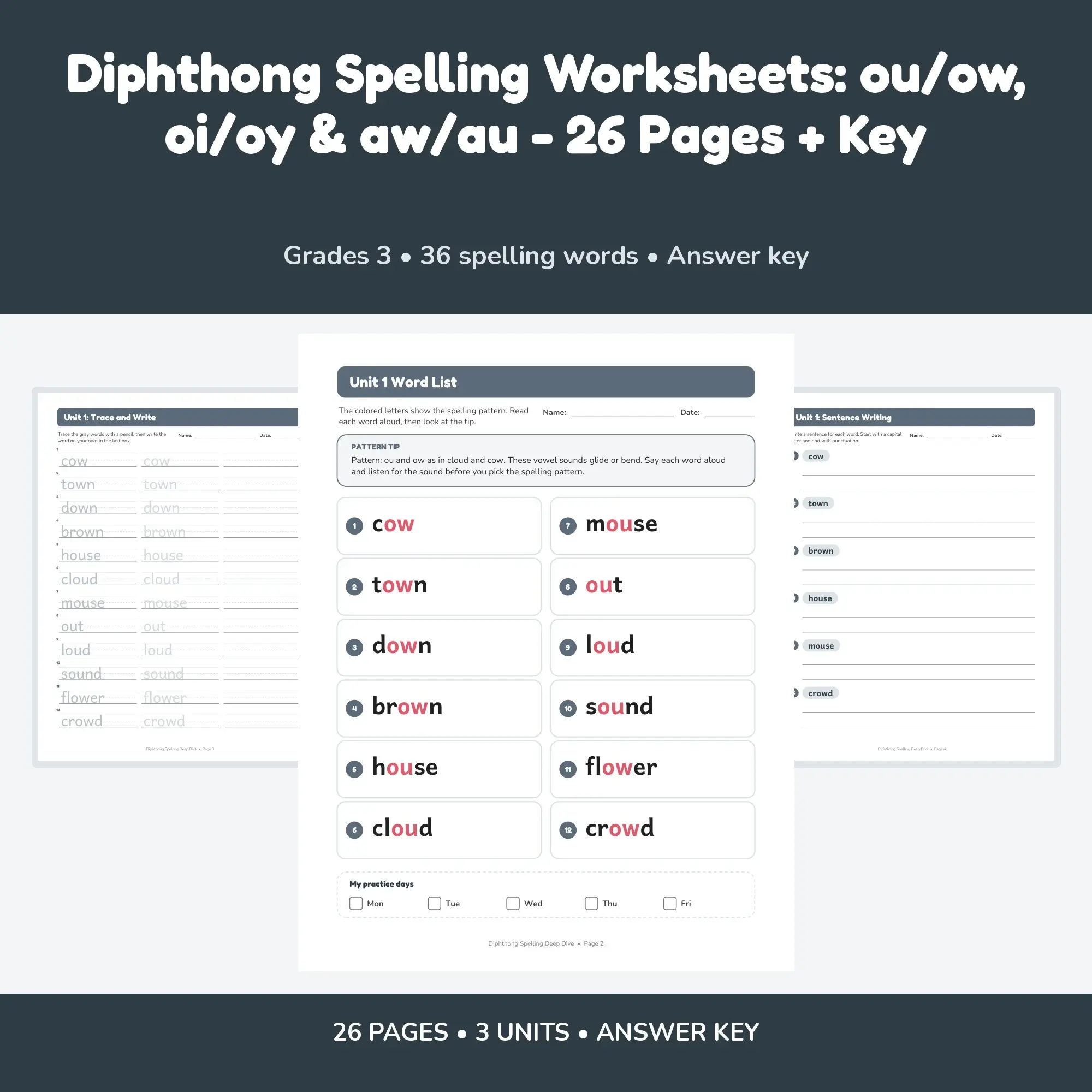 Diphthong Spelling Worksheets: ou/ow, oi/oy & aw/au - 26 Pages + Key preview