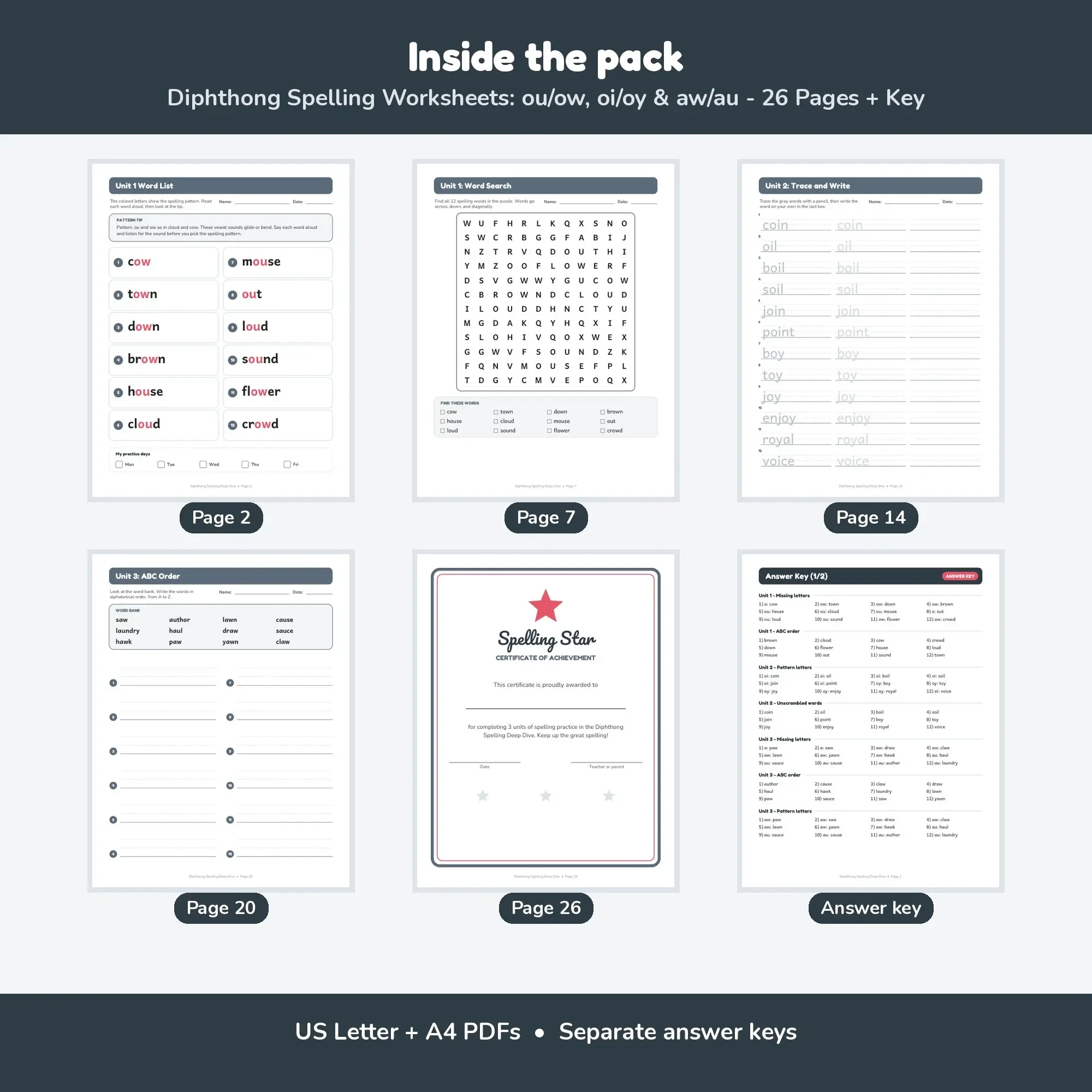 Diphthong Spelling Worksheets: ou/ow, oi/oy & aw/au - 26 Pages + Key, preview 2 of 2