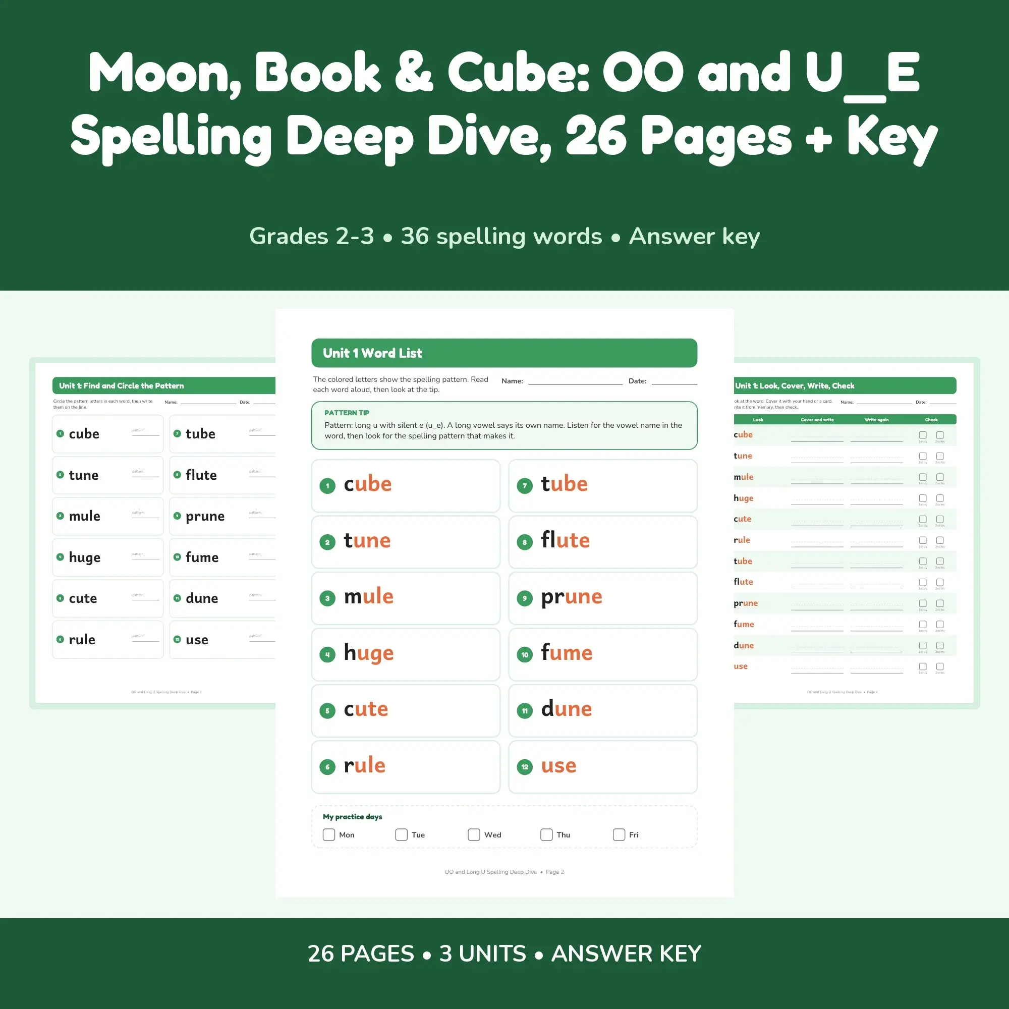 Moon, Book & Cube: OO and U_E Spelling Deep Dive, 26 Pages + Key preview